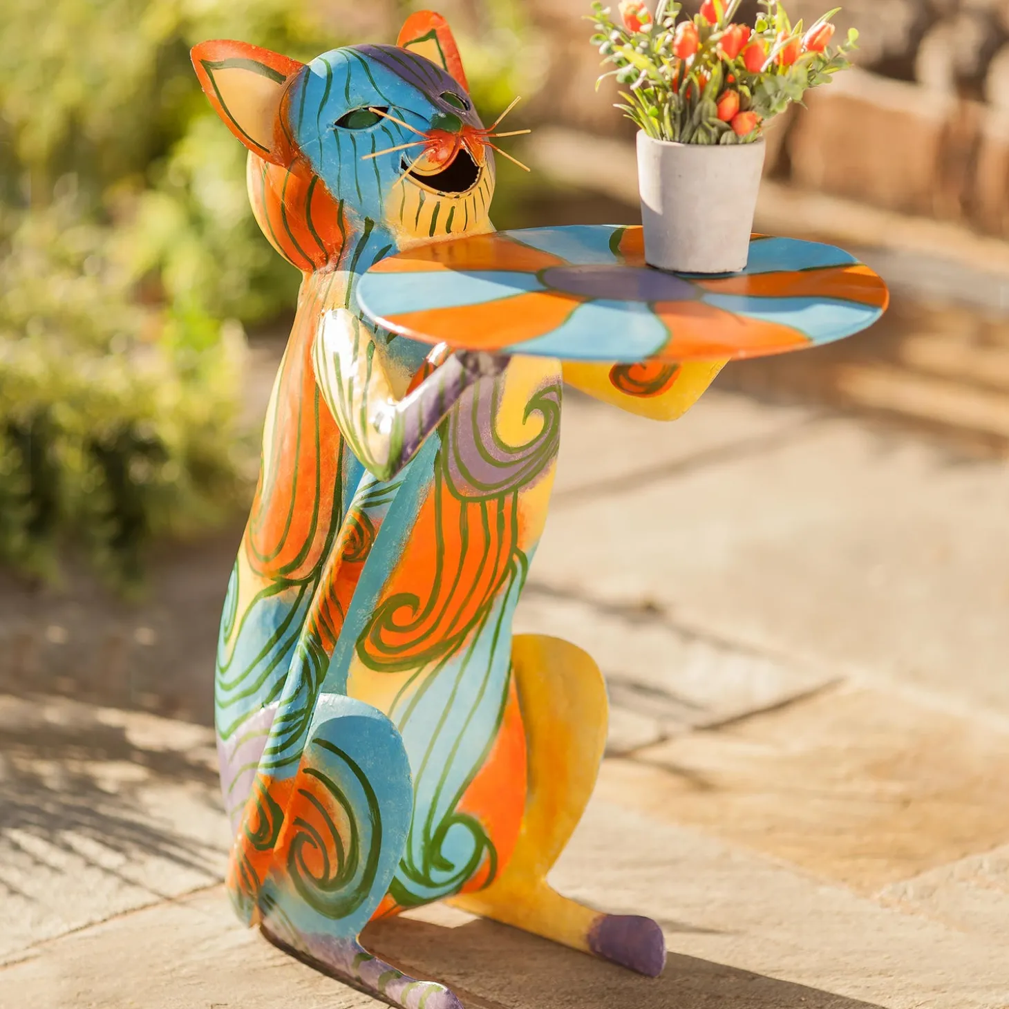 Accent Tables | Outdoor Side Tables>Plow & Hearth Colorful Metal Cat Side Table