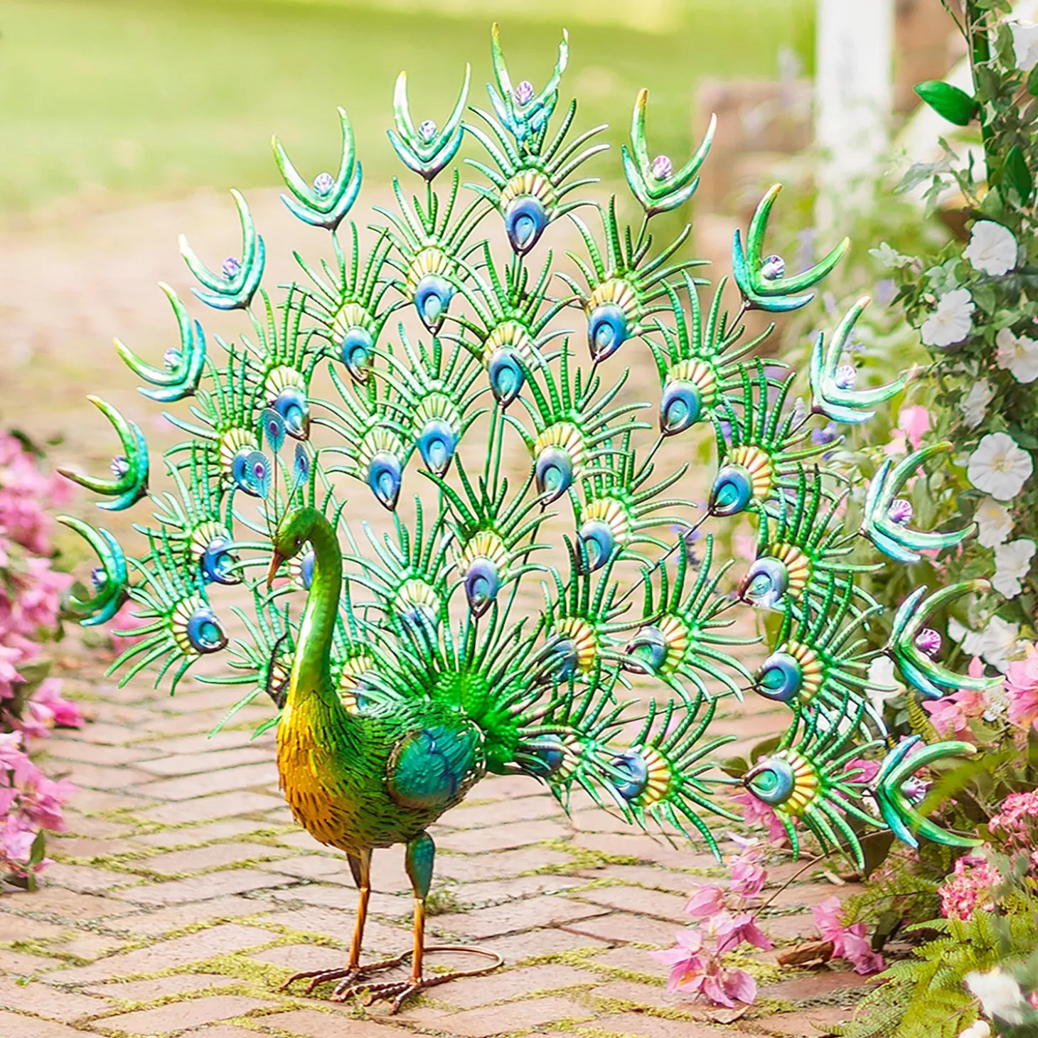 Garden Statues>Plow & Hearth Colorful Metal Indoor/Outdoor Standing Peacock Sculpture