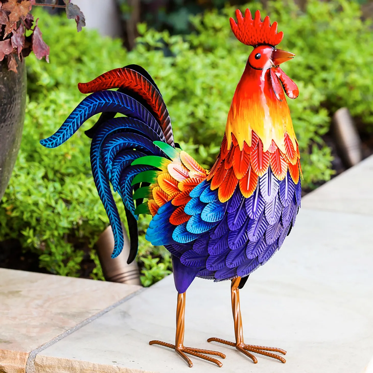 Garden Statues>Plow & Hearth Colorful Metal Rooster Garden Statue