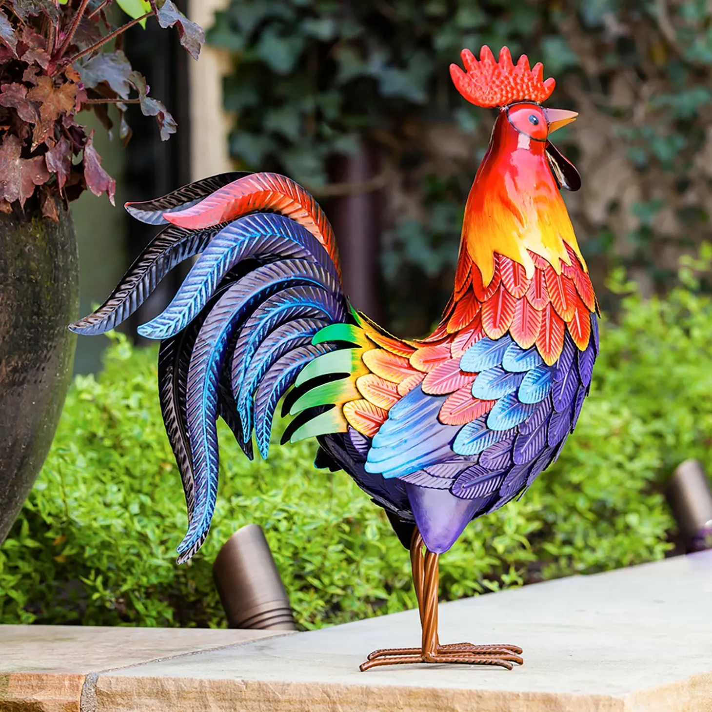 Garden Statues>Plow & Hearth Colorful Metal Rooster Garden Statue