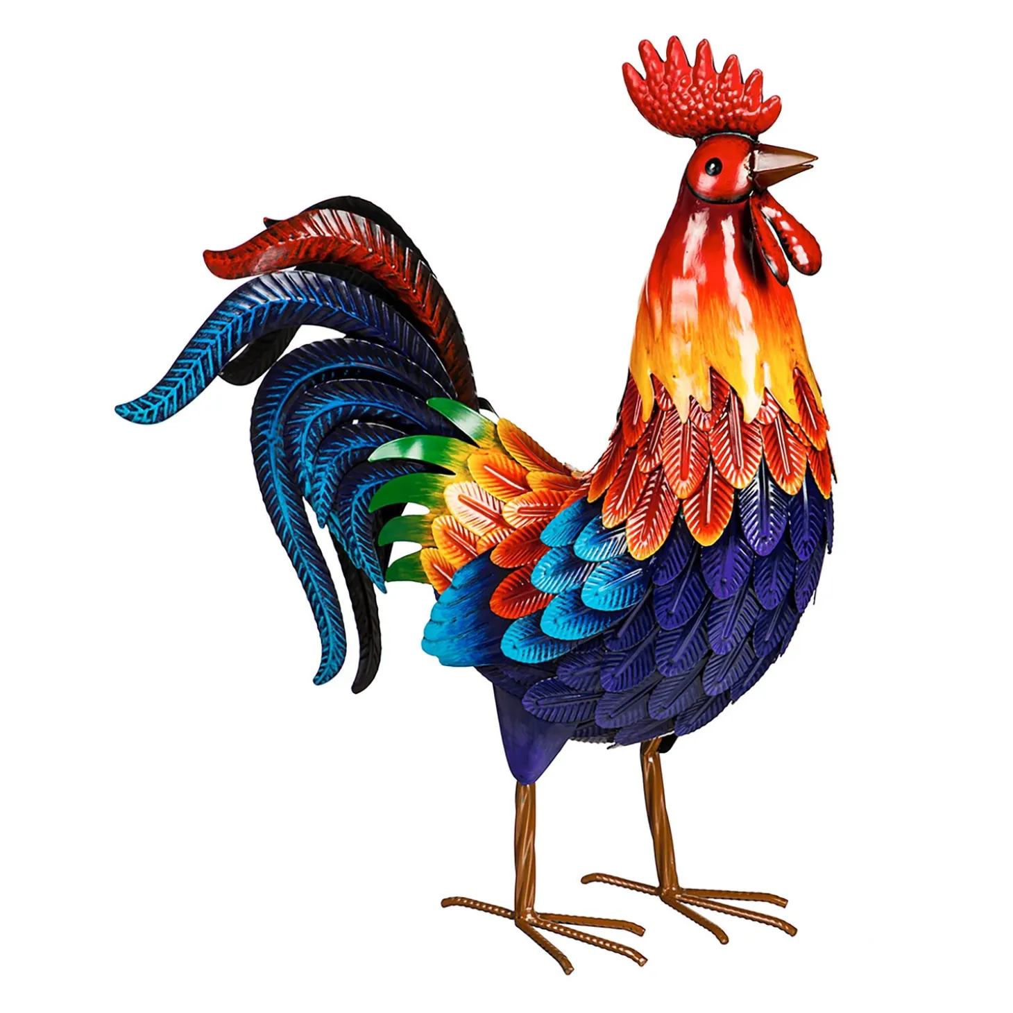 Garden Statues>Plow & Hearth Colorful Metal Rooster Garden Statue
