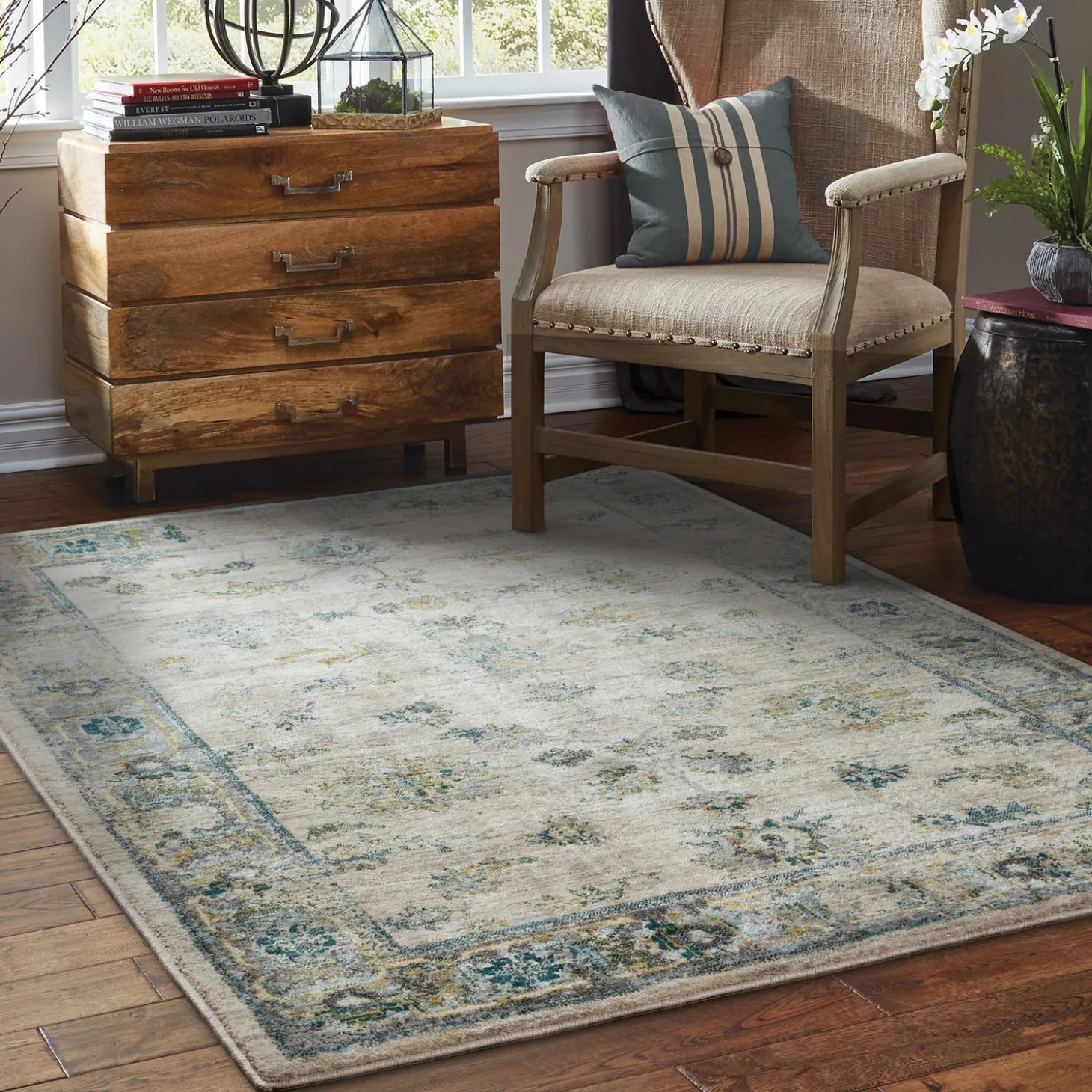 Area Rugs>Plow & Hearth Covington and Blue Antiqued Floral Rug, 9'10" x 12'10" Ivory