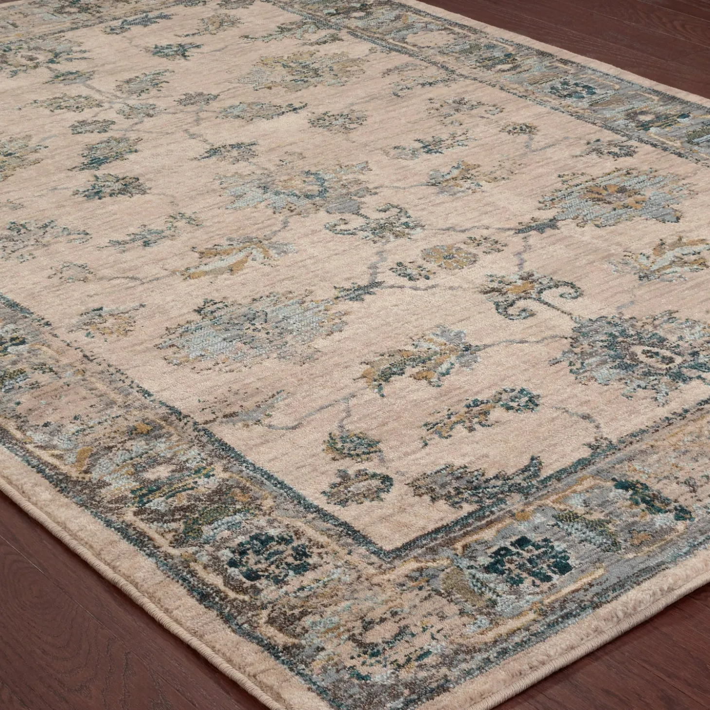 Area Rugs>Plow & Hearth Covington and Blue Antiqued Floral Rug, 9'10" x 12'10" Ivory