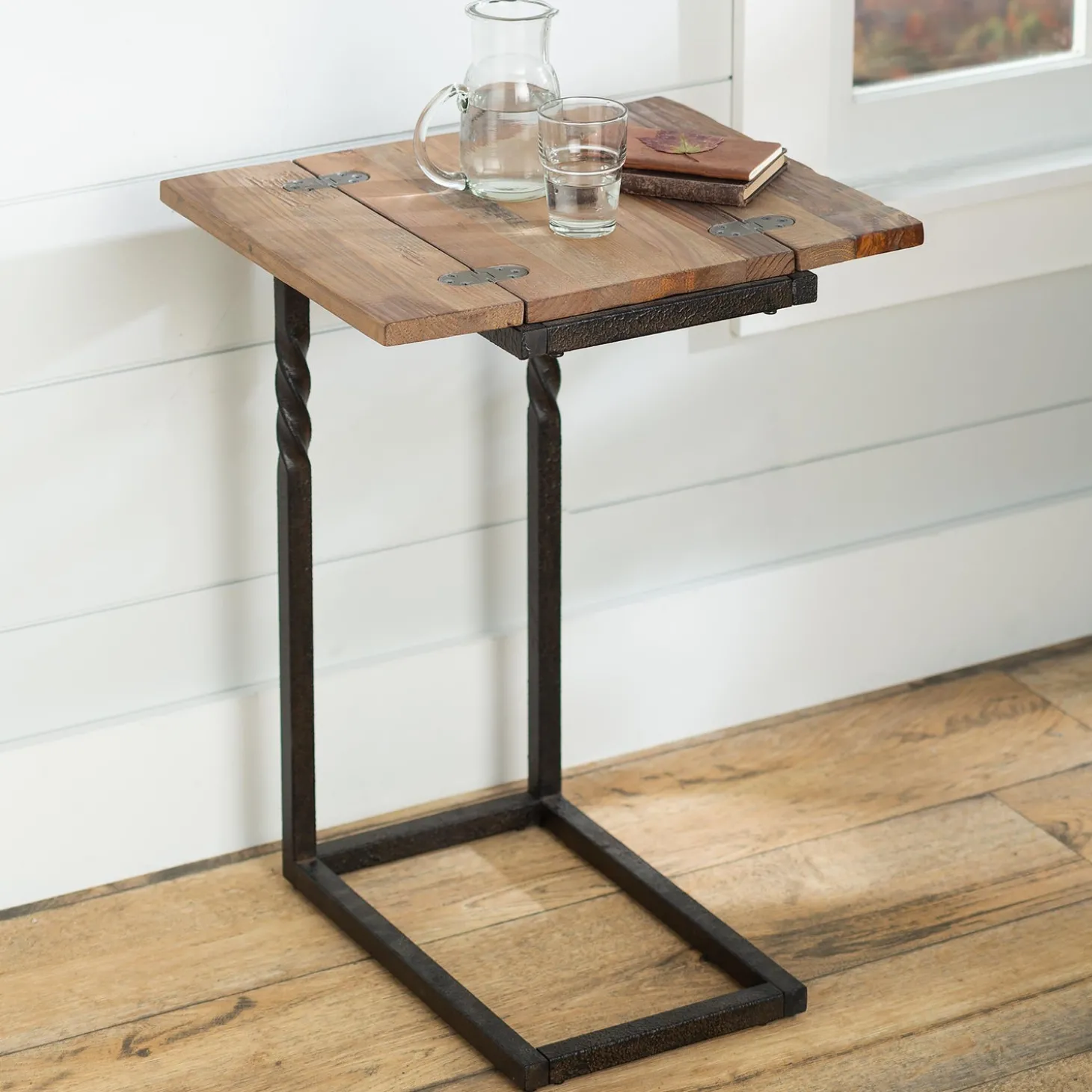 Accent Tables>Plow & Hearth Deep Creek Rustic Pull-Up Table with Fold-Out Leaves in Wood and Metal