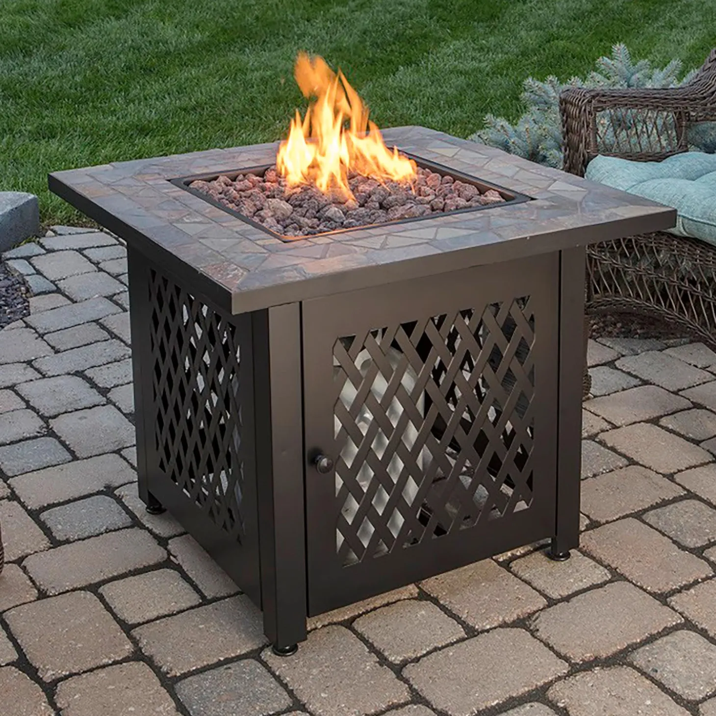 Fire Pits | Fire Pits>Plow & Hearth Dolan Outdoor LP Gas Fire Pit with Slate Tile Top, 30"
