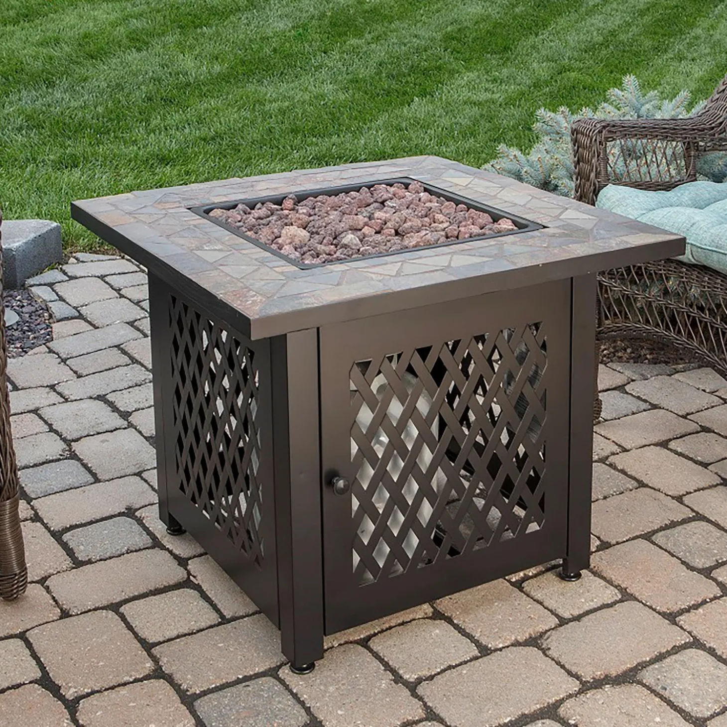 Fire Pits | Fire Pits>Plow & Hearth Dolan Outdoor LP Gas Fire Pit with Slate Tile Top, 30"