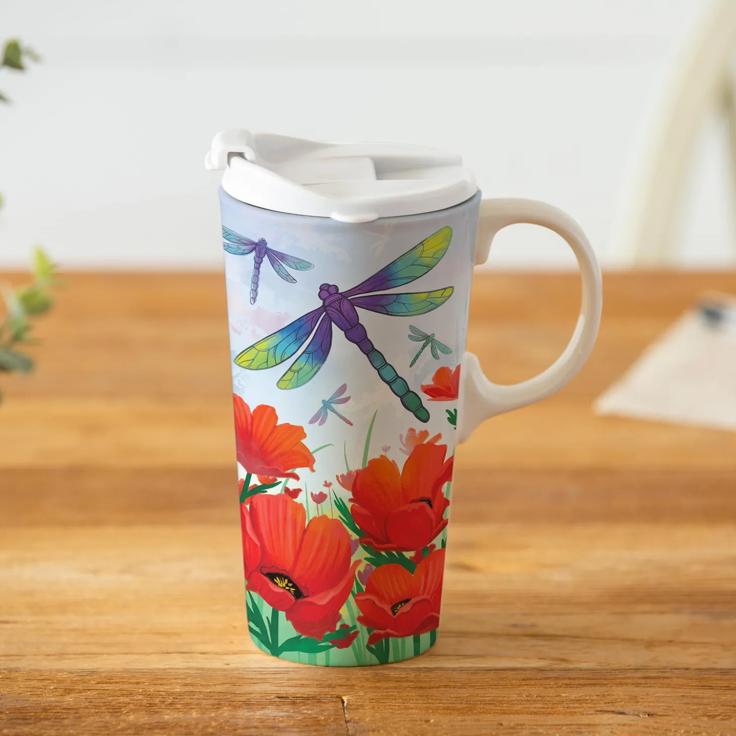 Travel Cups>Plow & Hearth Dragonfly and Poppies Ceramic Perfect Cup, 17oz, Gift Box