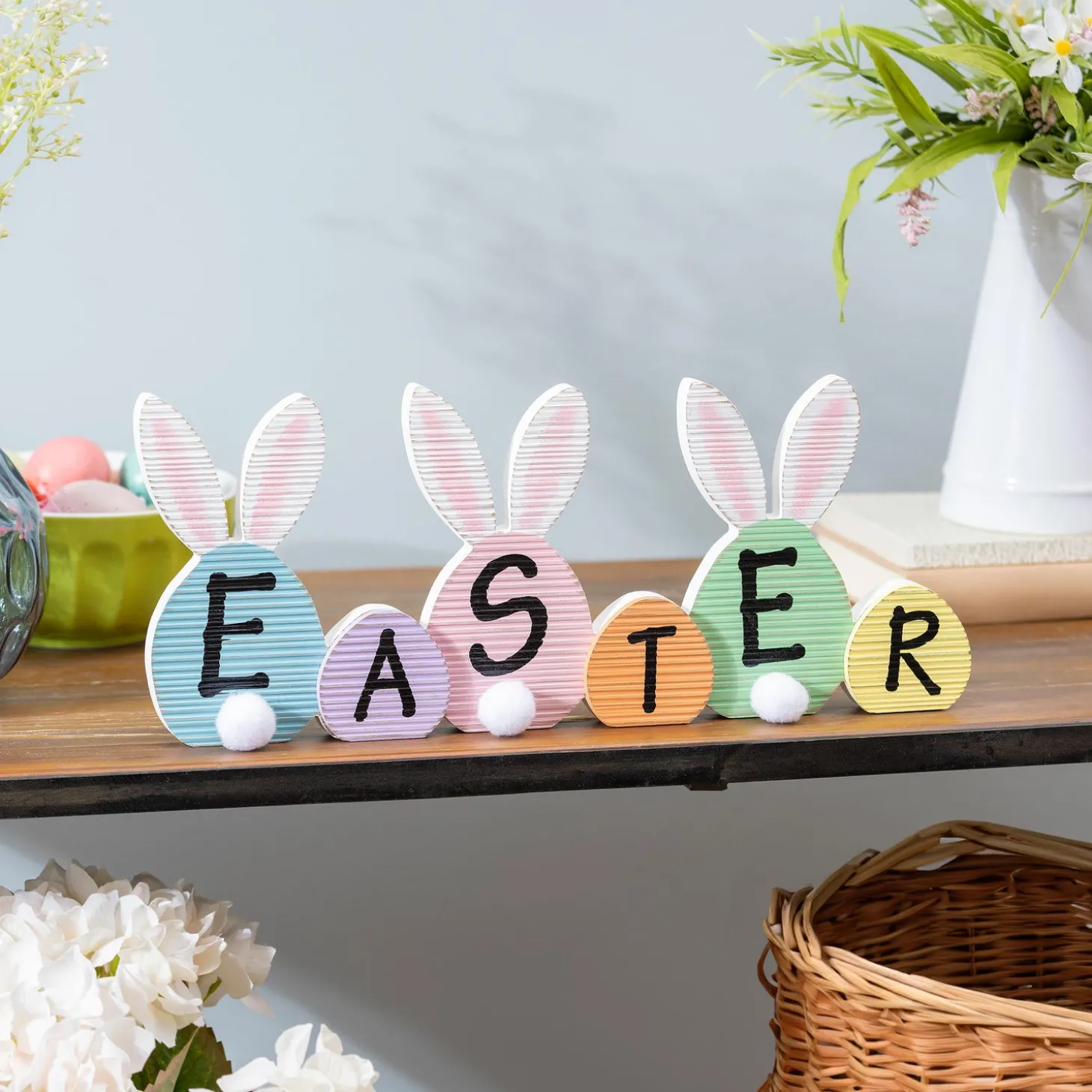 Decorative Accents>Plow & Hearth Easter Bunny Eggs Wood Table Decor, 16.75"L