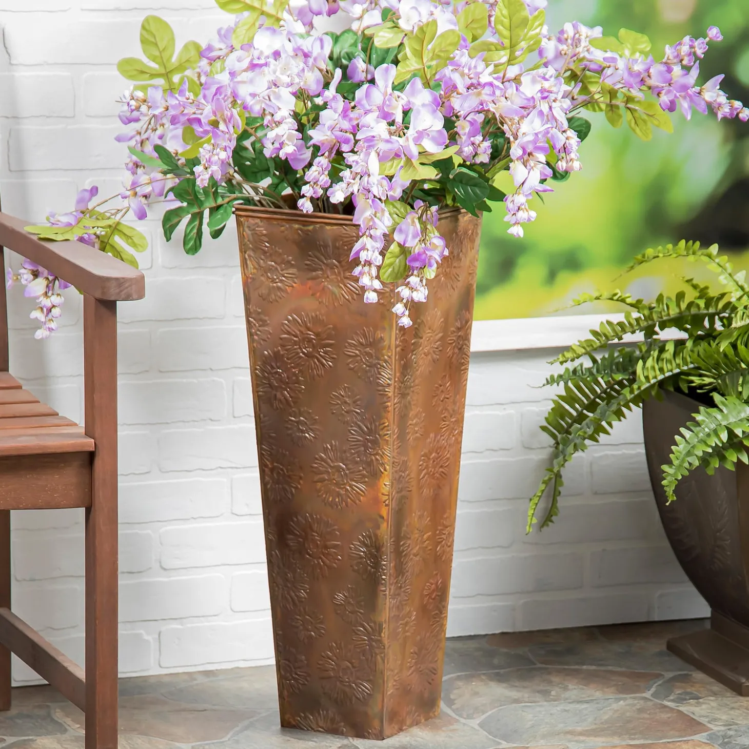 Planters & Plant Stands>Plow & Hearth Embossed Metal Front Door Planter, Burnt Copper Sunflowers