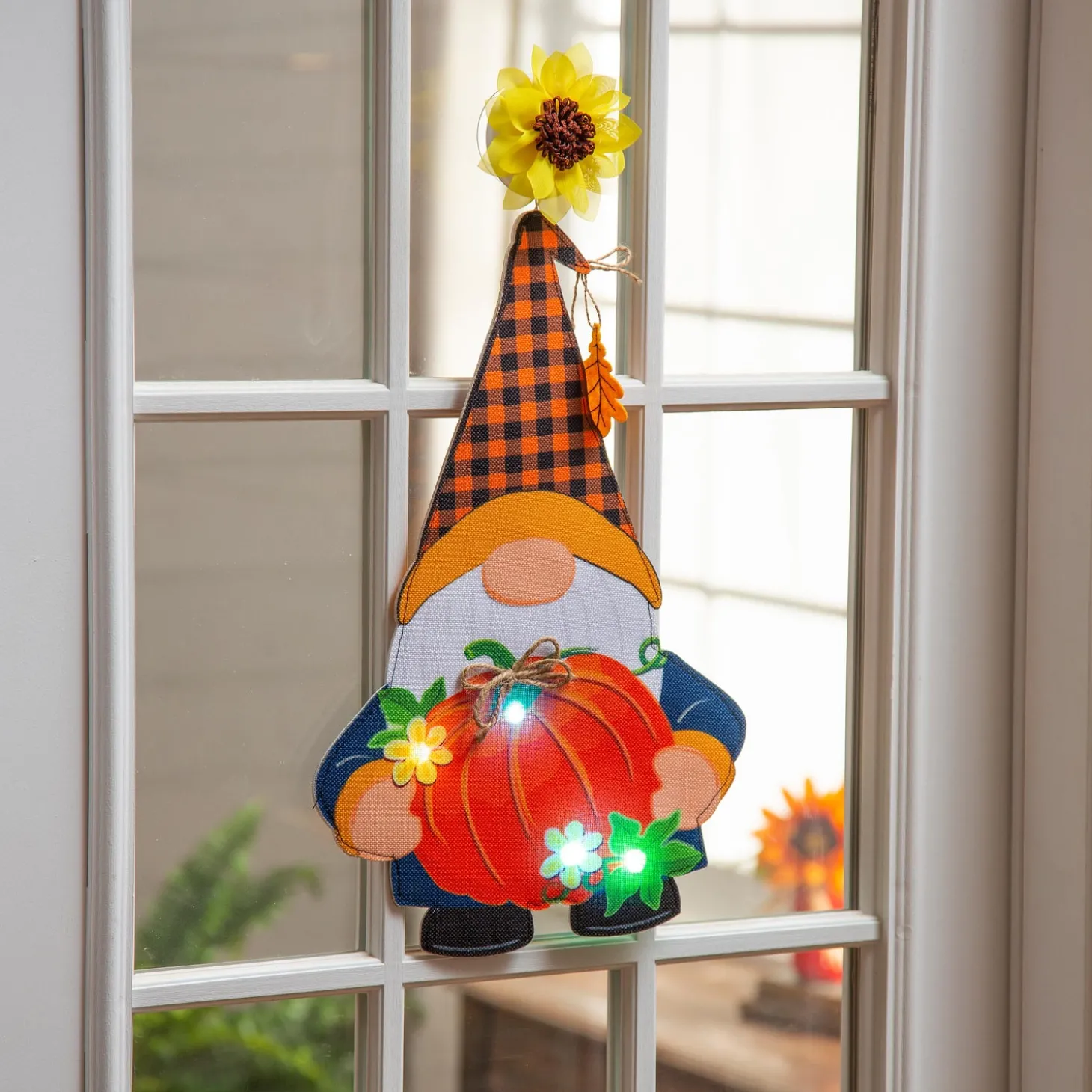 Fabric Door Hangers>Plow & Hearth Fall Gnome with Pumpkin Lighted Window Décor