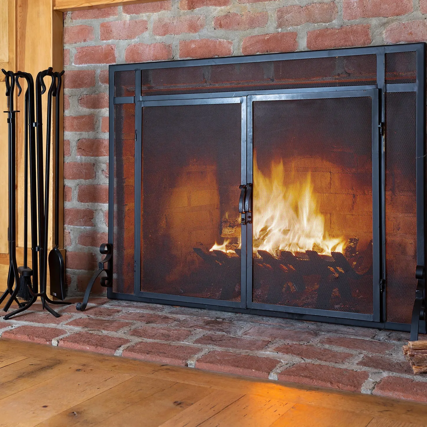 Fireplace Screens With Doors>Plow & Hearth Flat Guard Fire Screens With Doors in Solid Steel, 39"W x 31"H