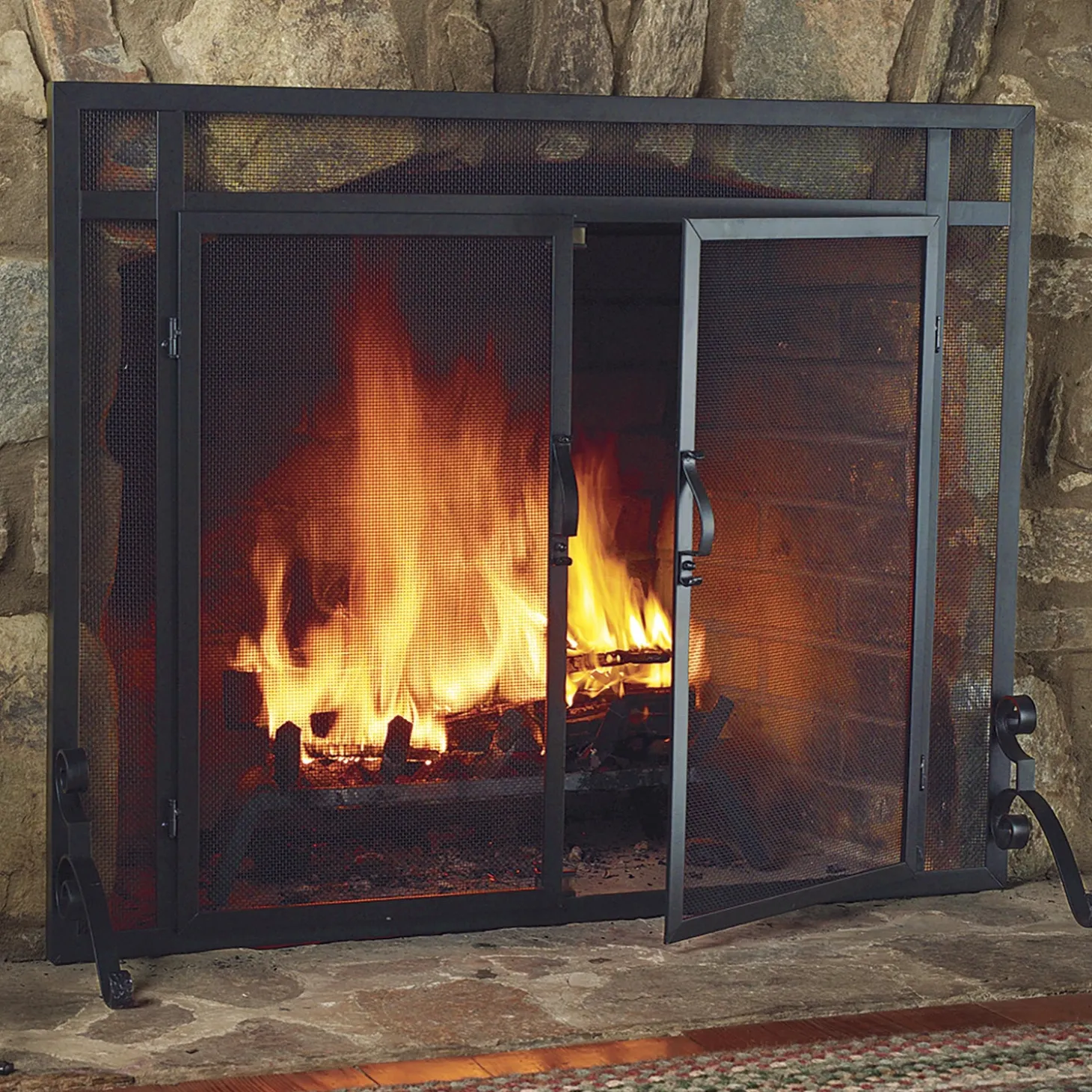 Fireplace Screens With Doors>Plow & Hearth Flat Guard Fire Screens With Doors in Solid Steel, 44"W x 33"H