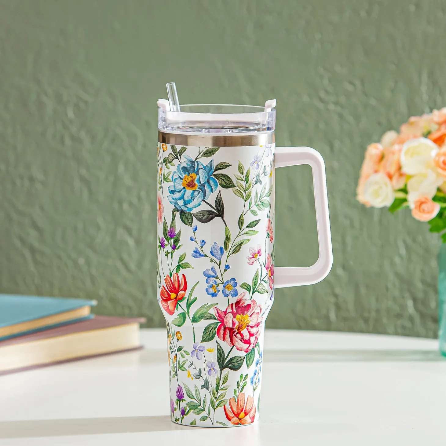 Travel Cups>Plow & Hearth Floral Spray Canyon Cup, Double Wall Stainless Steel w/ Straw, 40oz, Gift Box