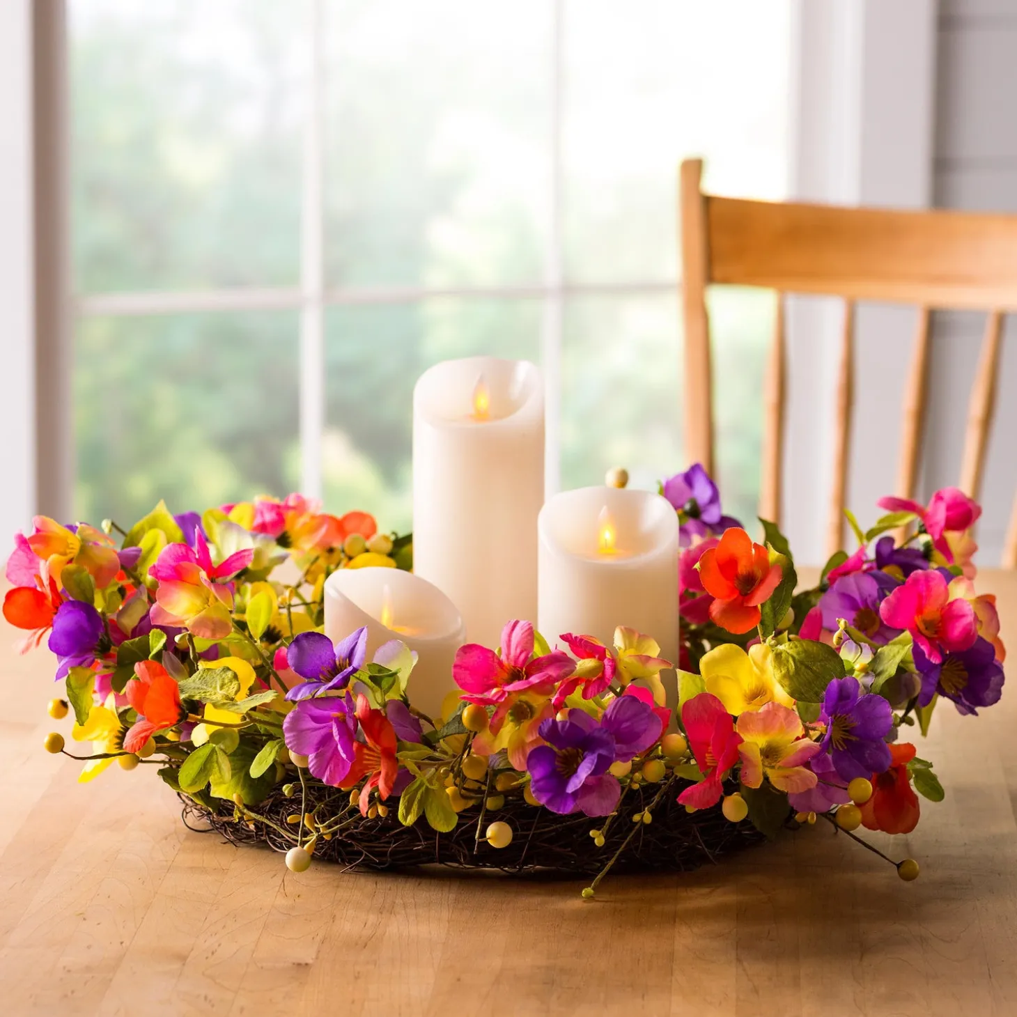 Wreaths | Faux Flowers & Plants>Plow & Hearth Floral Watercolor Wreath with Faux Pansies and Violets