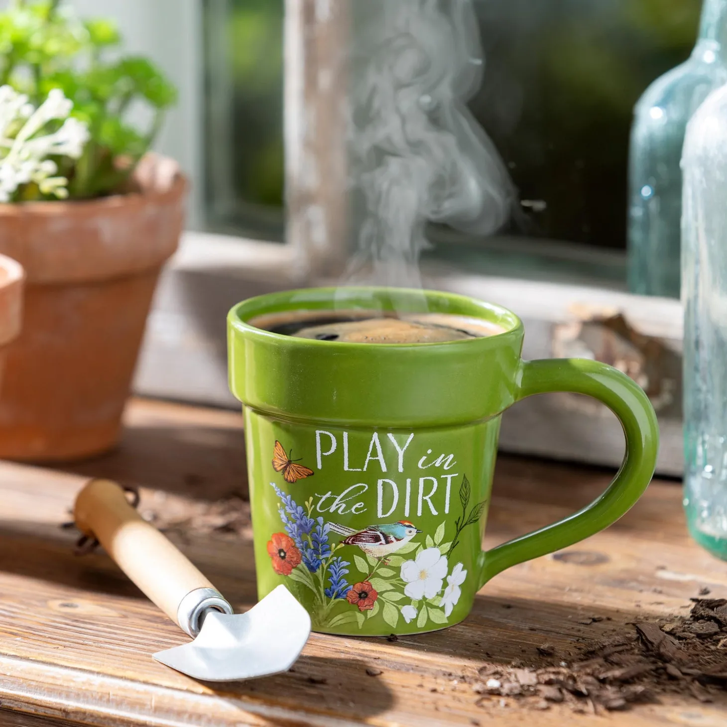 Coffee & Tea Cups>Plow & Hearth Garden Pot Sculpted Ceramic Cup and Hand Shovel Giftset, 12oz, Gift Box