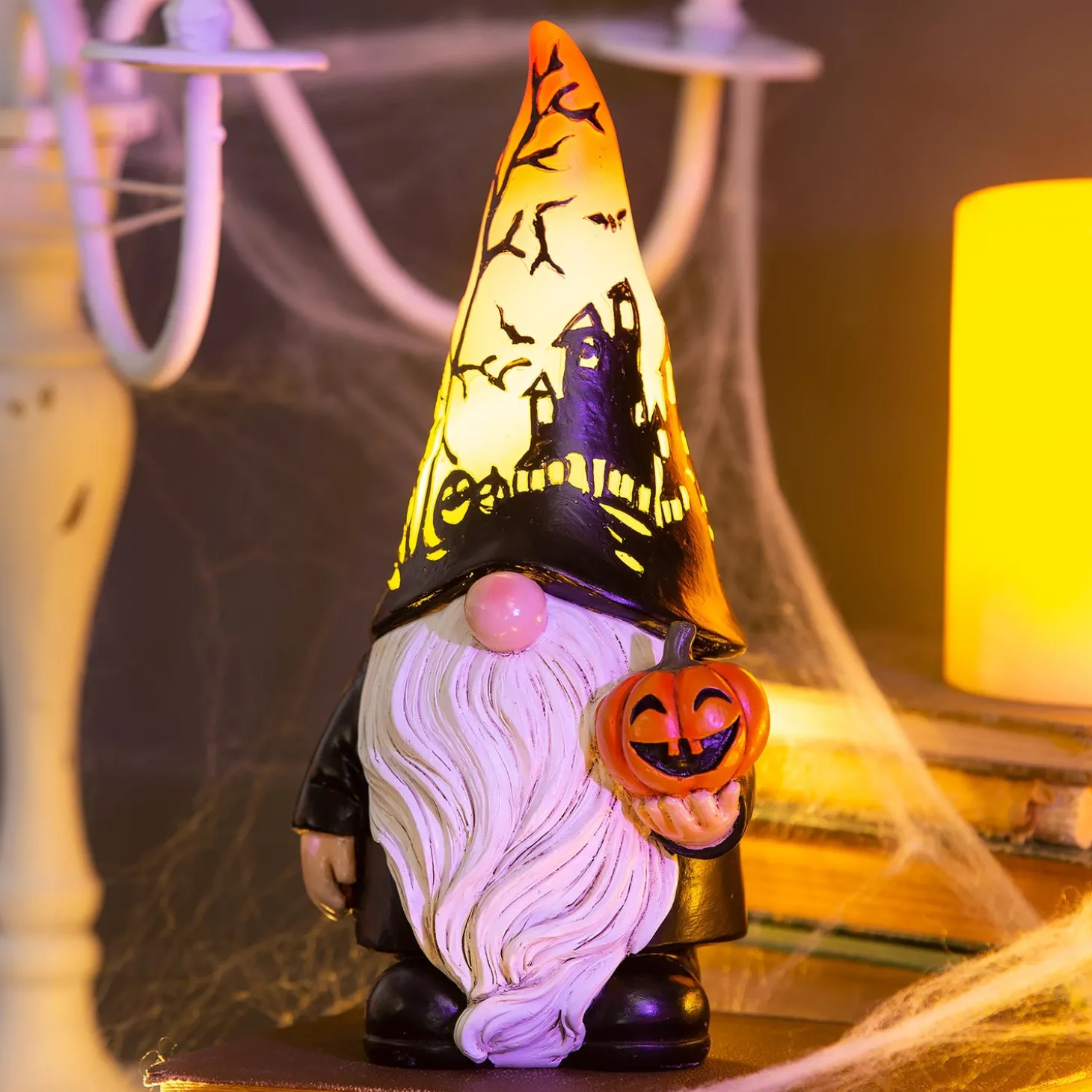 Decorative Accents | Lighted Accents>Plow & Hearth Halloween Gnome with Lighted Hat and Pumpkin