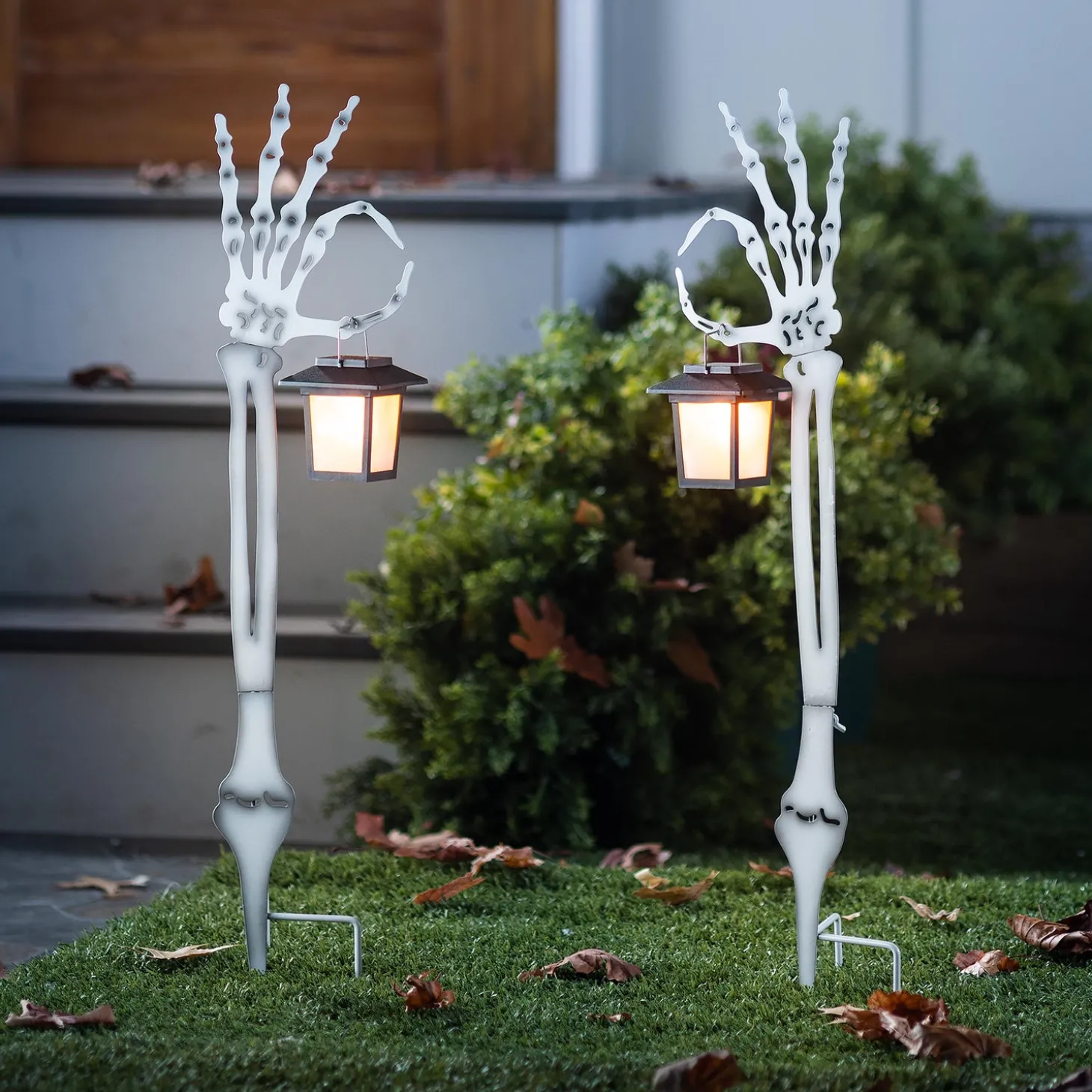 Solar Accents | Garden Stakes>Plow & Hearth Halloween Skeleton Arm Metal Stakes with Solar Lanterns, Set of 2