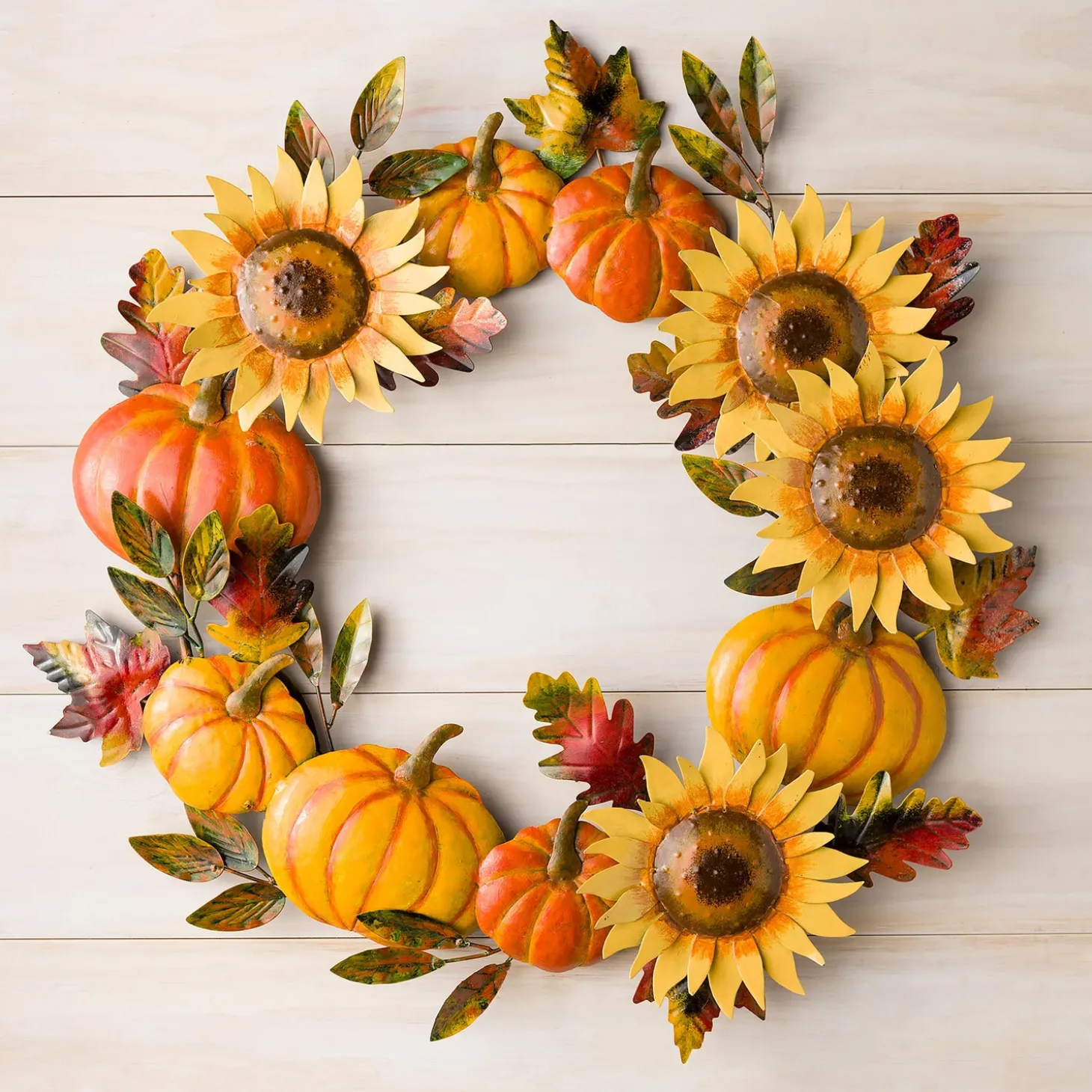Outdoor Wall Art | Wreaths>Plow & Hearth Handcrafted Metal Sunflower and Pumpkin Autumn Wreath