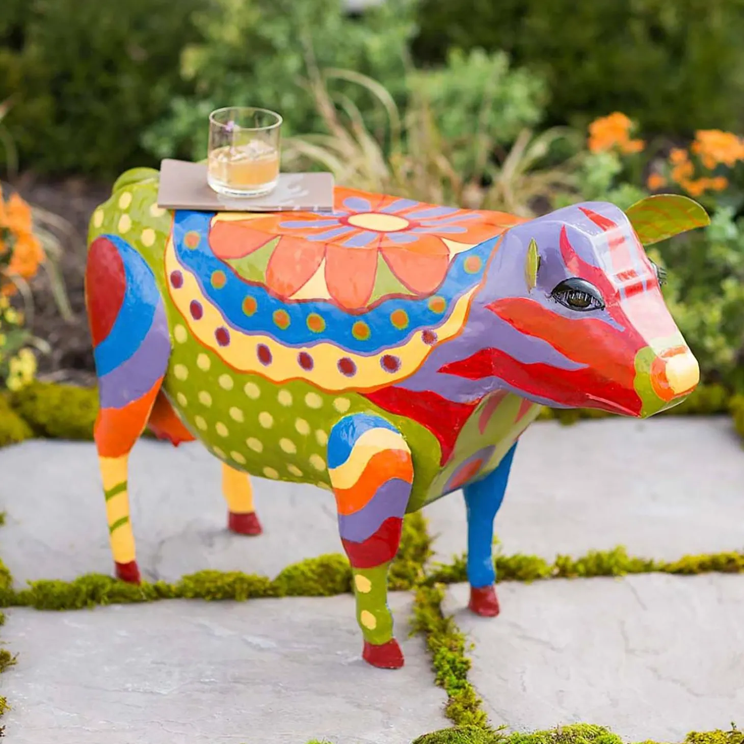 Accent Tables | Outdoor Side Tables>Plow & Hearth Handmade Colorful Painted Folk Art Cow Metal Side Table