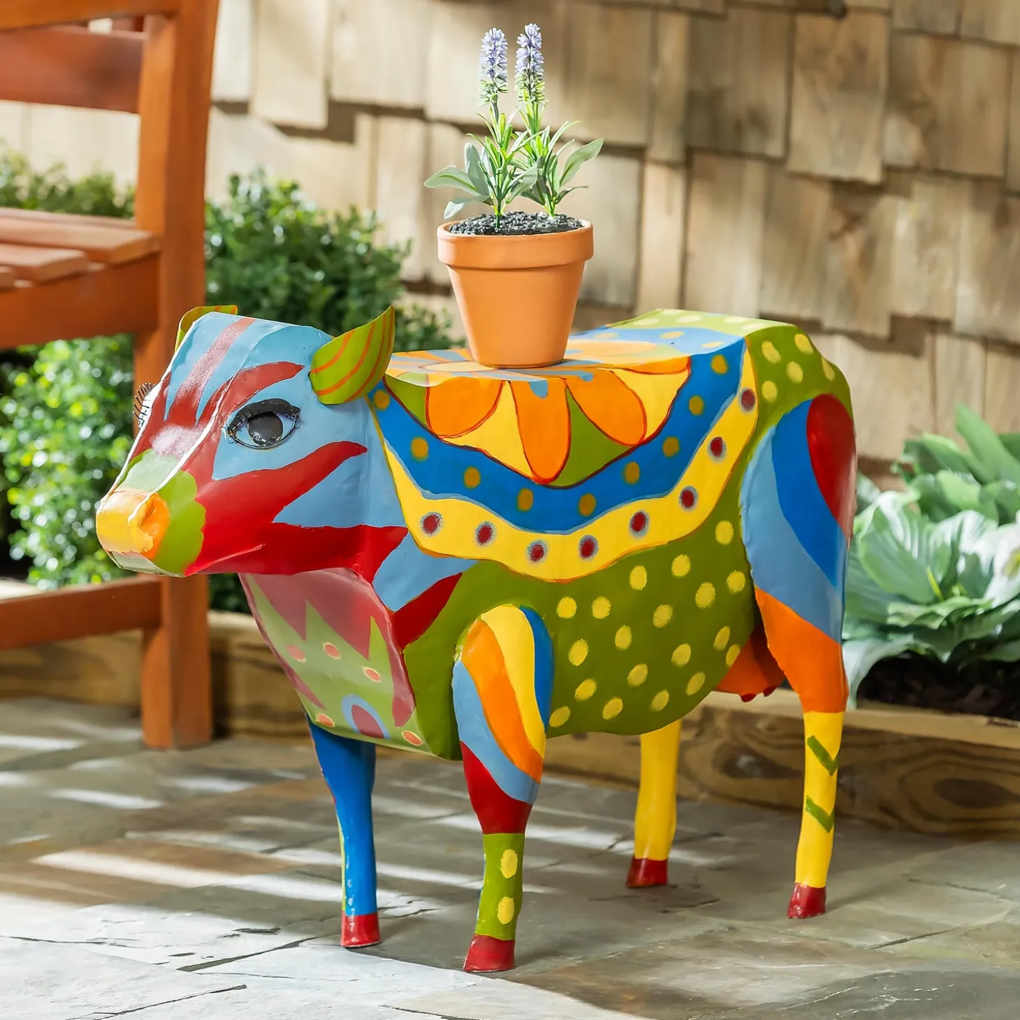 Accent Tables | Outdoor Side Tables>Plow & Hearth Handmade Colorful Painted Folk Art Cow Metal Side Table