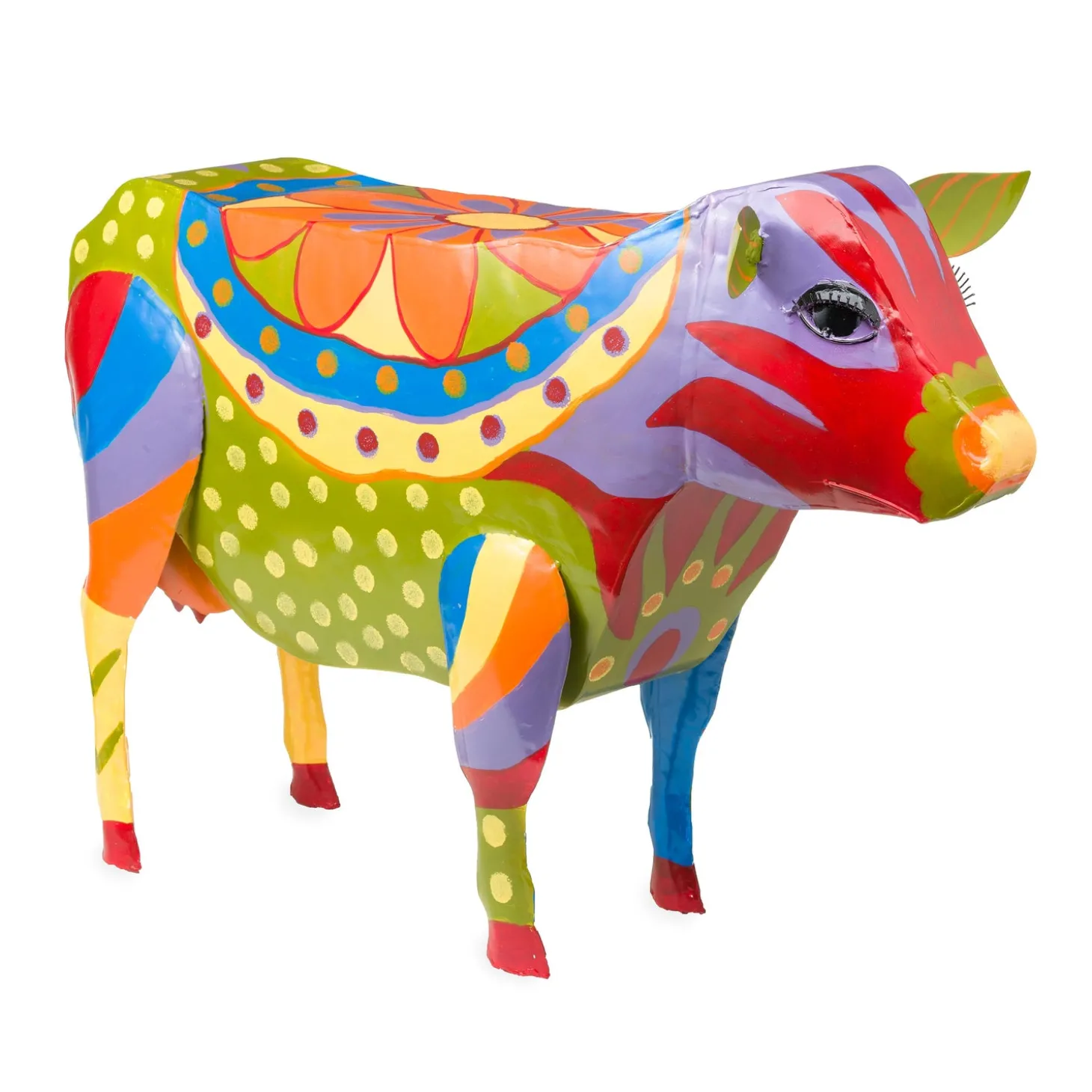 Accent Tables | Outdoor Side Tables>Plow & Hearth Handmade Colorful Painted Folk Art Cow Metal Side Table