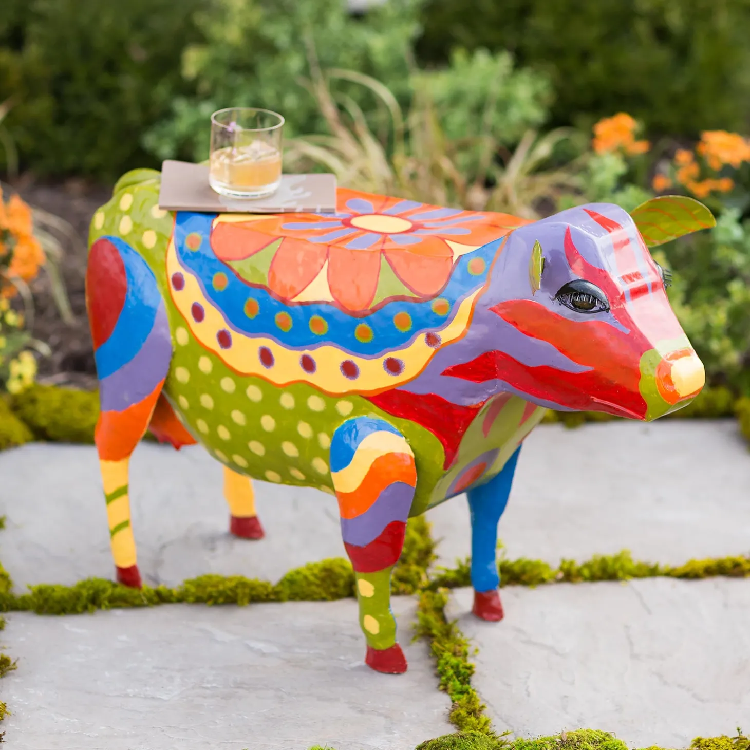 Accent Tables | Outdoor Side Tables>Plow & Hearth Handmade Colorful Painted Folk Art Cow Metal Side Table