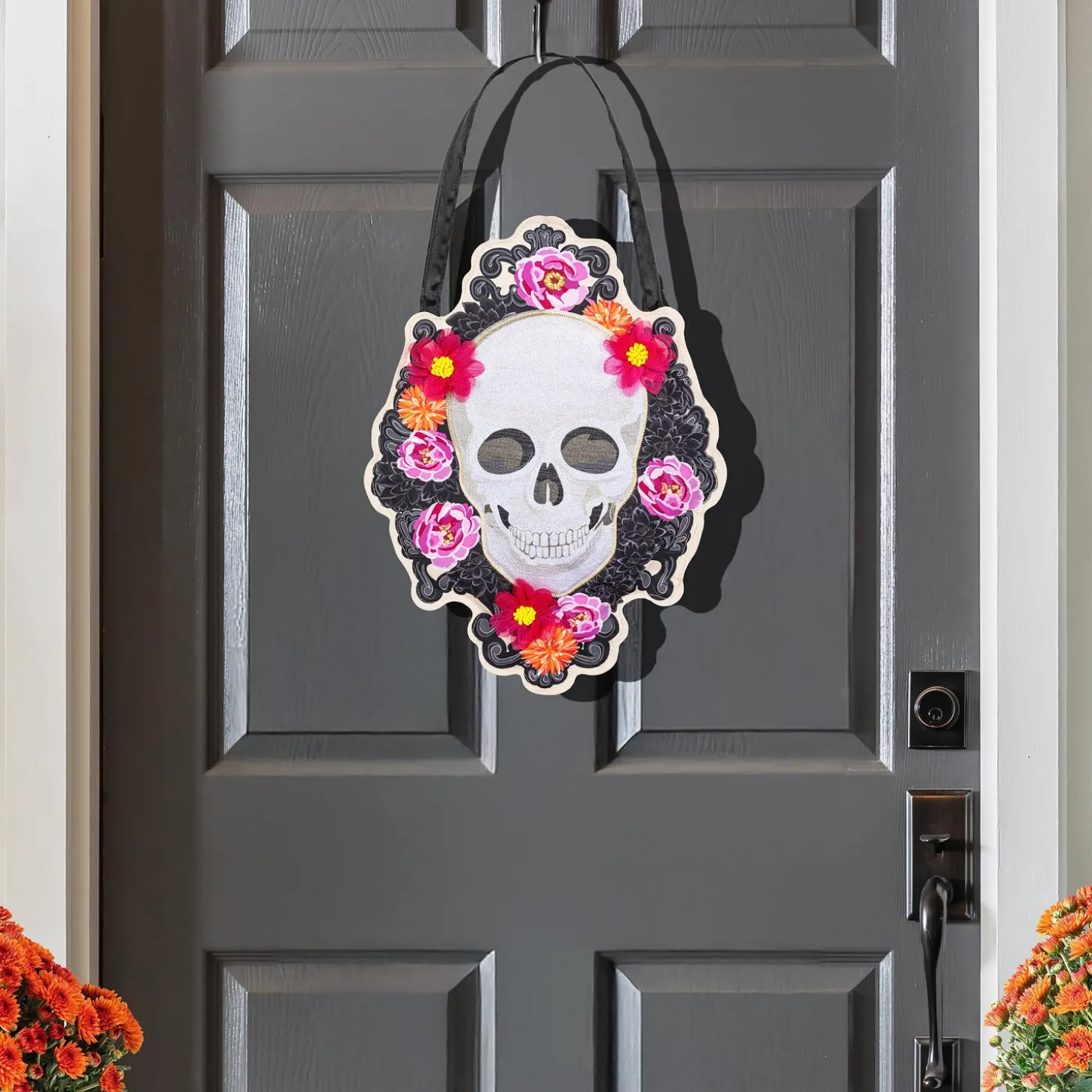 Fabric Door Hangers>Plow & Hearth Happy Skull Floral Door Décor
