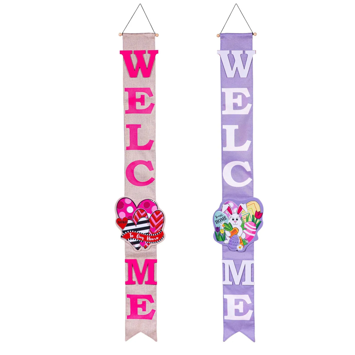 Fabric Door Hangers>Plow & Hearth Happy Valentine's Day Sweethearts/ Happy Easter Bunny with Carrot Double Sided Door Banner