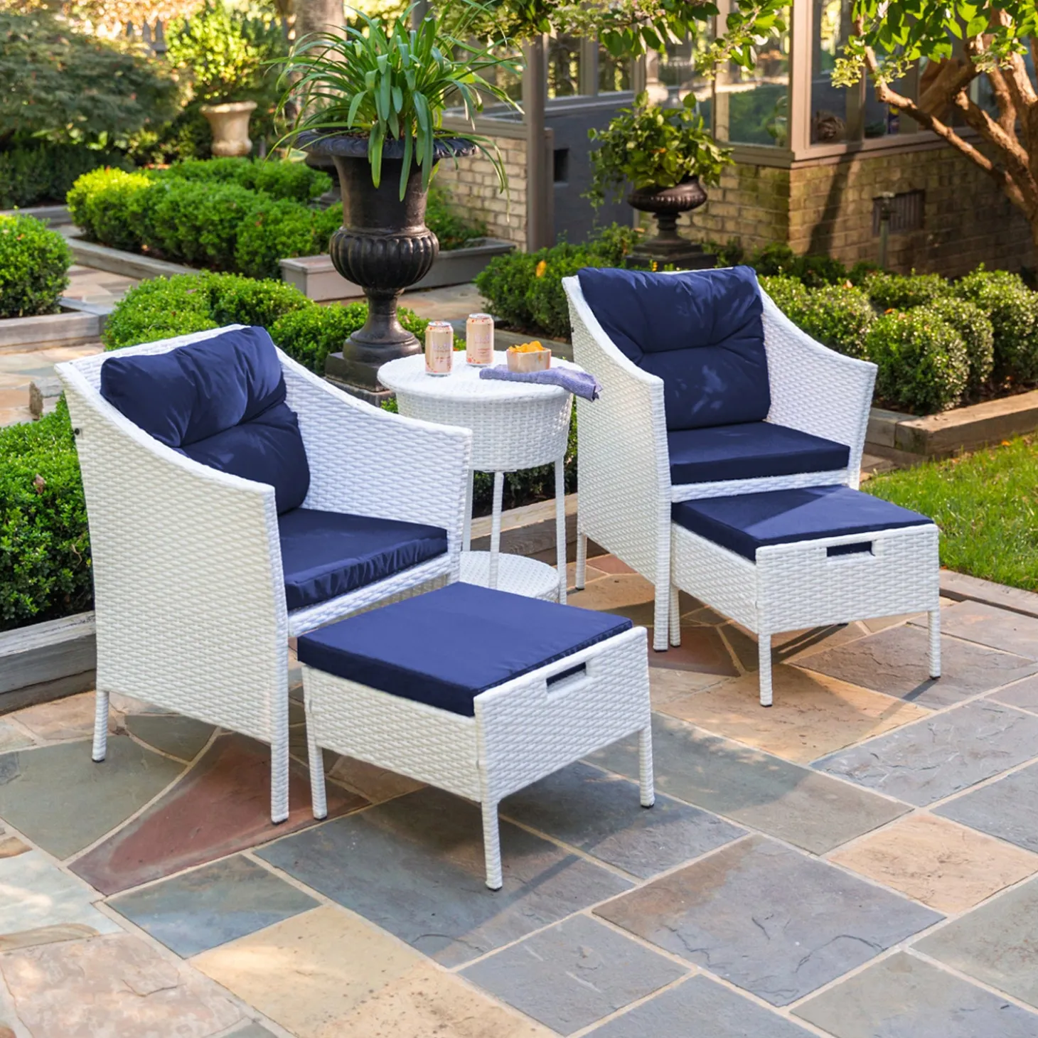 Outdoor Seating Sets>Plow & Hearth Harbor Moon Chat Set with Hideaway Ottomans and Cooler Table White
