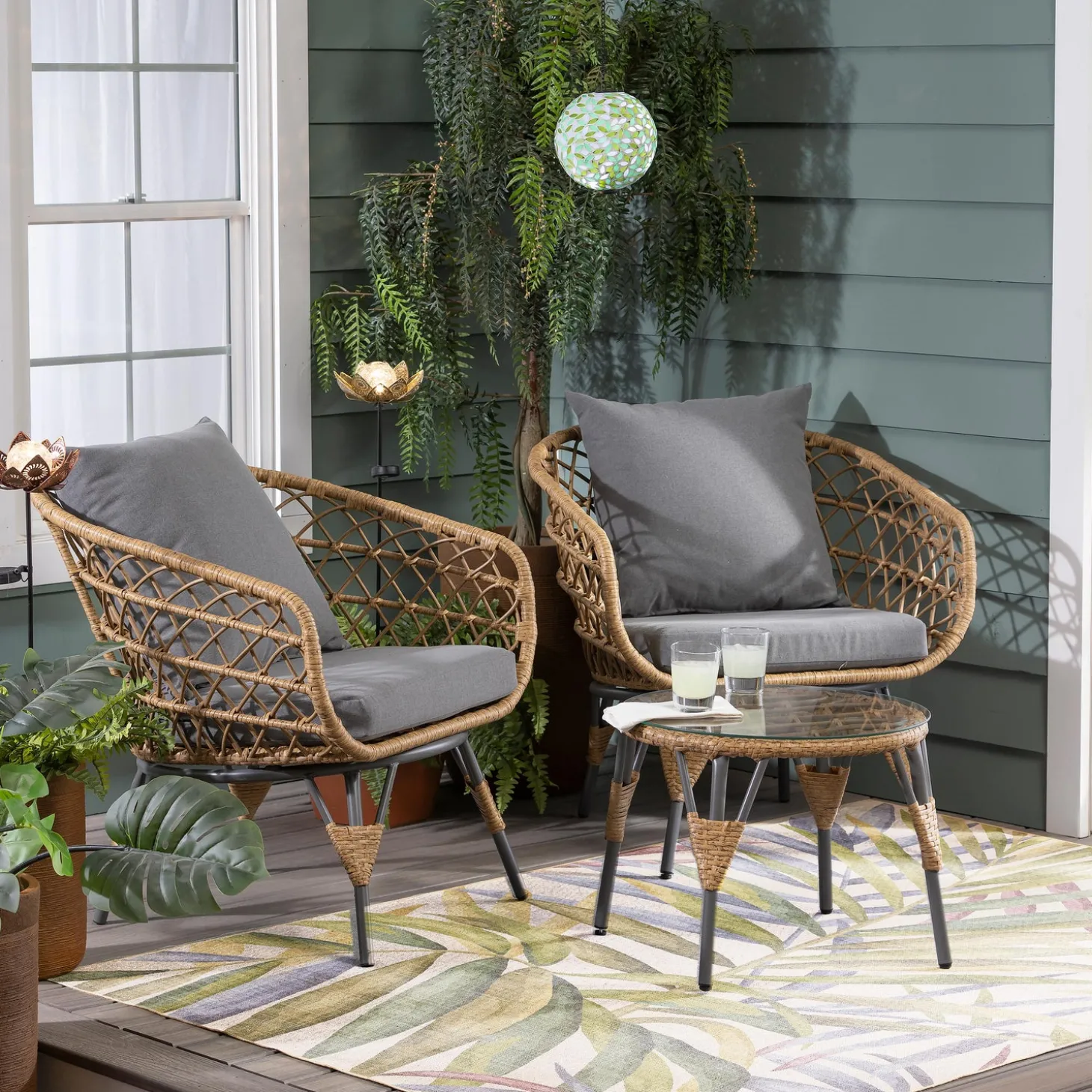 Chairs & Rockers | Rockers & Gliders>Plow & Hearth Havana Wicker Seating Set with Cushions and Table, 3-Piece Set Natural
