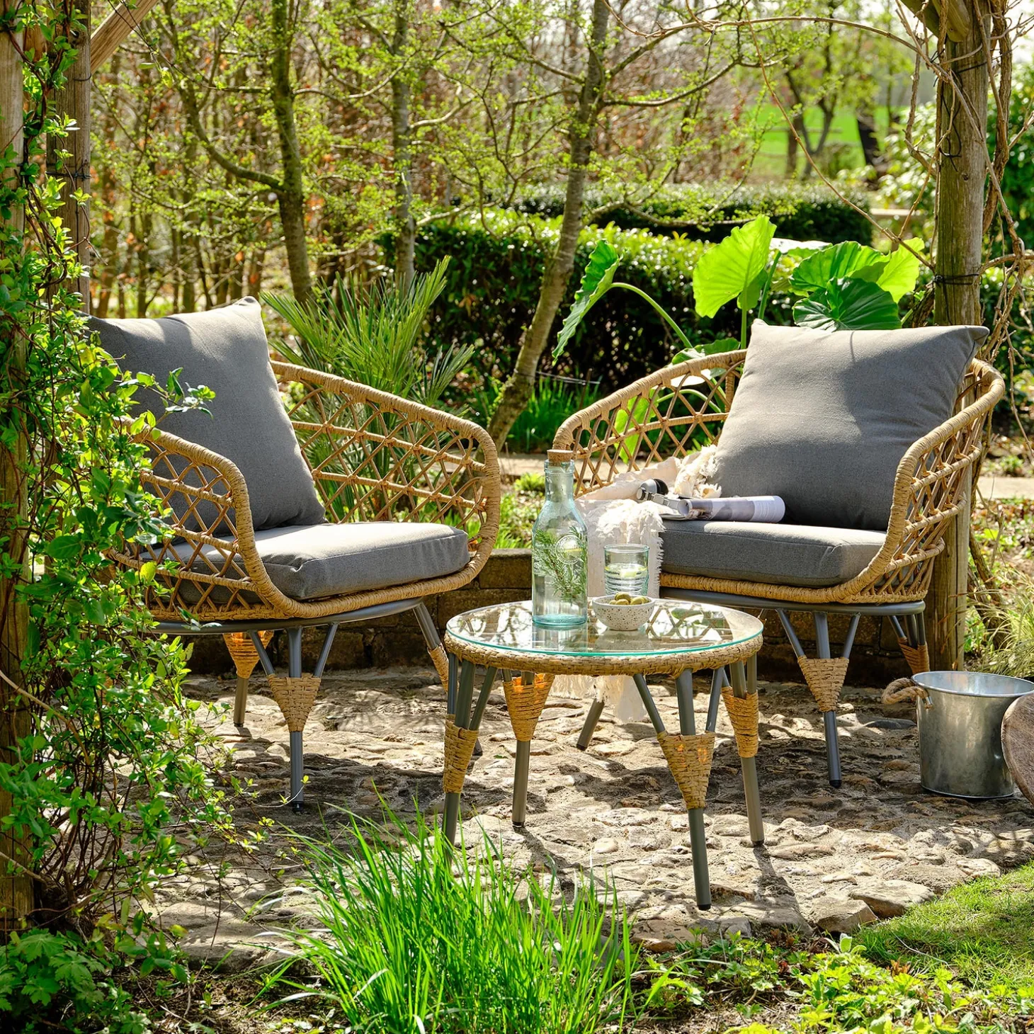 Chairs & Rockers | Rockers & Gliders>Plow & Hearth Havana Wicker Seating Set with Cushions and Table, 3-Piece Set Natural