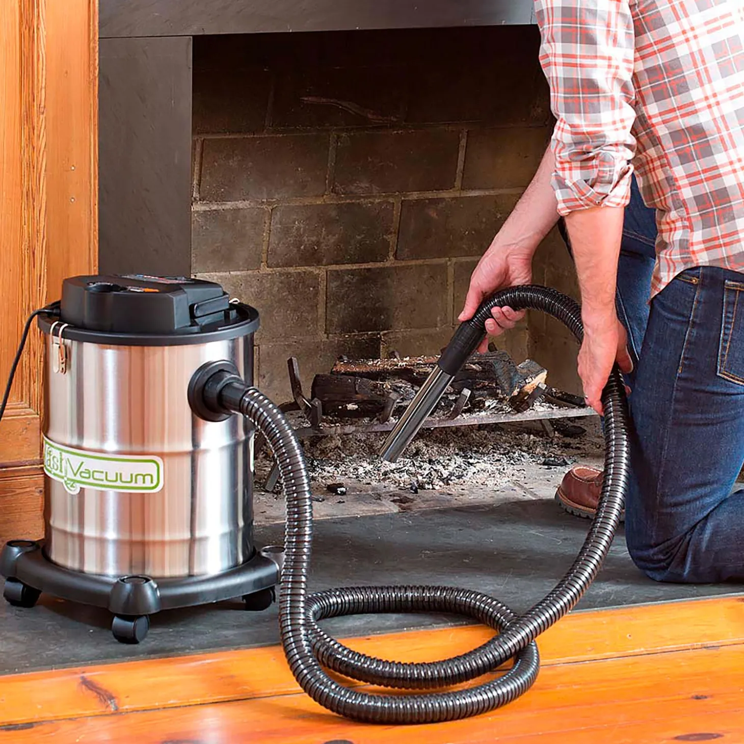 Fireplace Maintenance>Plow & Hearth Heavy-Duty Fireplace Warm Ash Vacuum with Two Filters and Accessory Kit Chrome