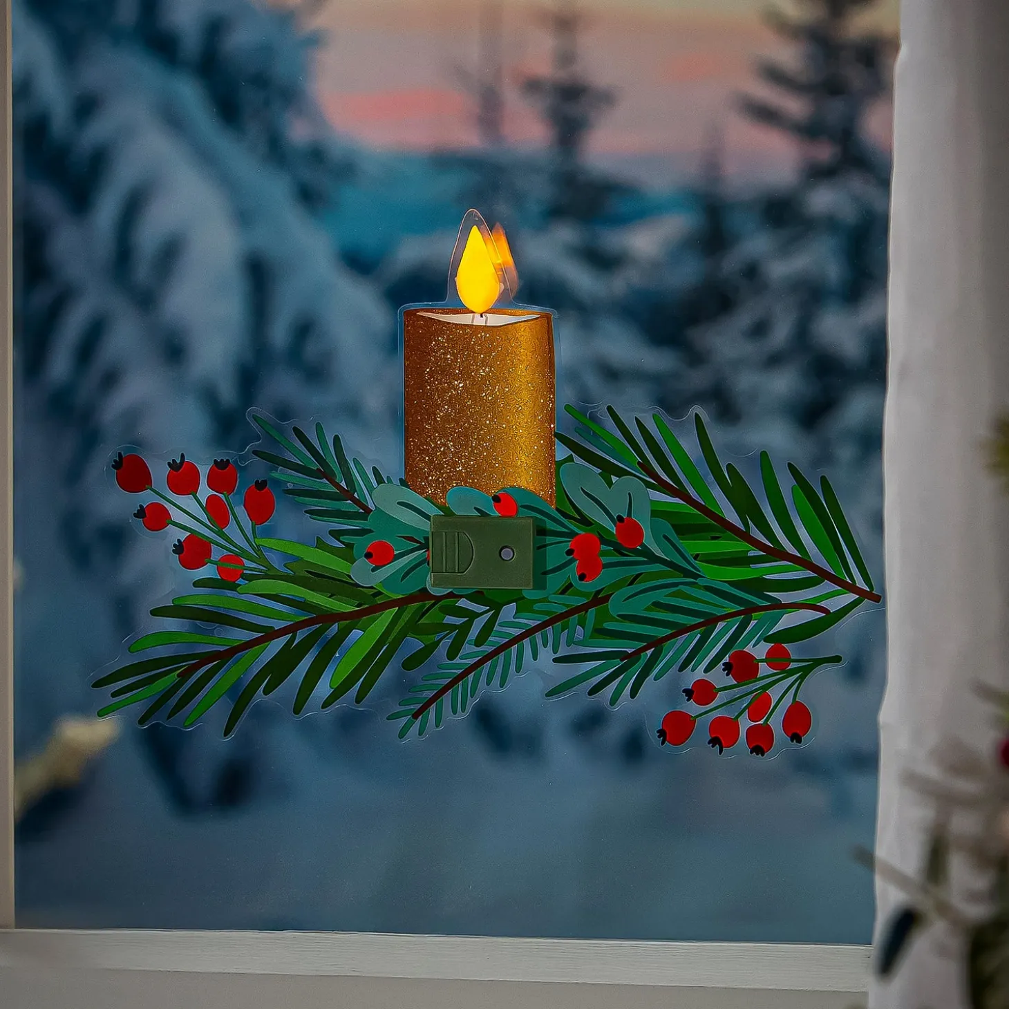 Fabric Door Hangers>Plow & Hearth Holiday Poinsettia LED Hanging Décor Candle with Greenery Flickering Light Window Decal, 12.5"L