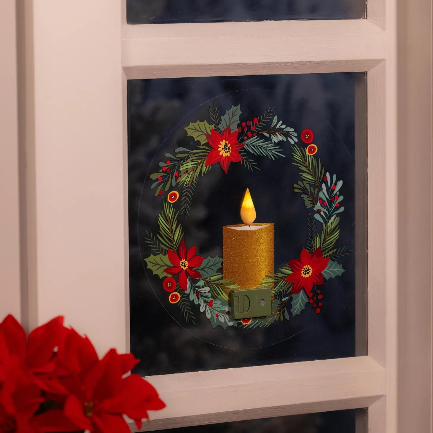 Fabric Door Hangers>Plow & Hearth Holiday Poinsettia LED Hanging Décor Wreath with Flickering Light Window Decal, 10"H