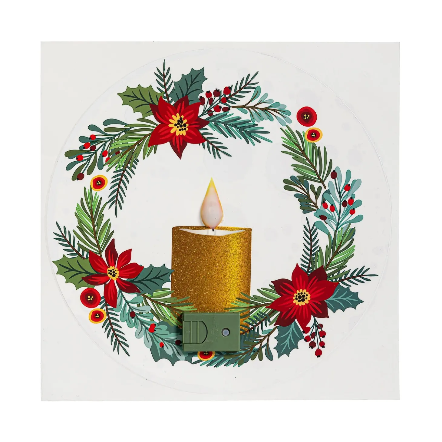 Fabric Door Hangers>Plow & Hearth Holiday Poinsettia LED Hanging Décor Wreath with Flickering Light Window Decal, 10"H