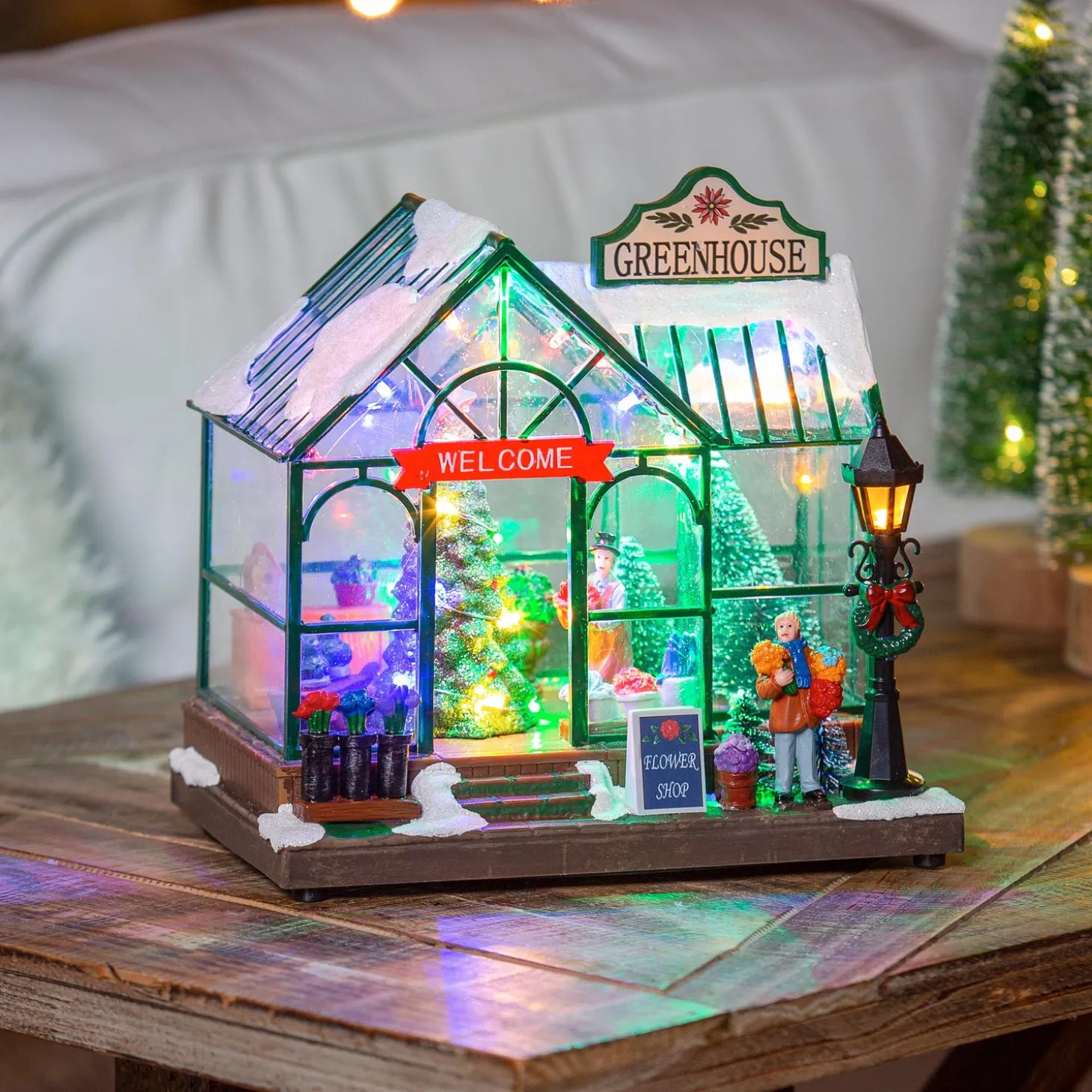 Decorative Accents>Plow & Hearth Holiday Poinsettia LED Table Decor Resin Greenhouse with Rotating Tree and Music, 8"