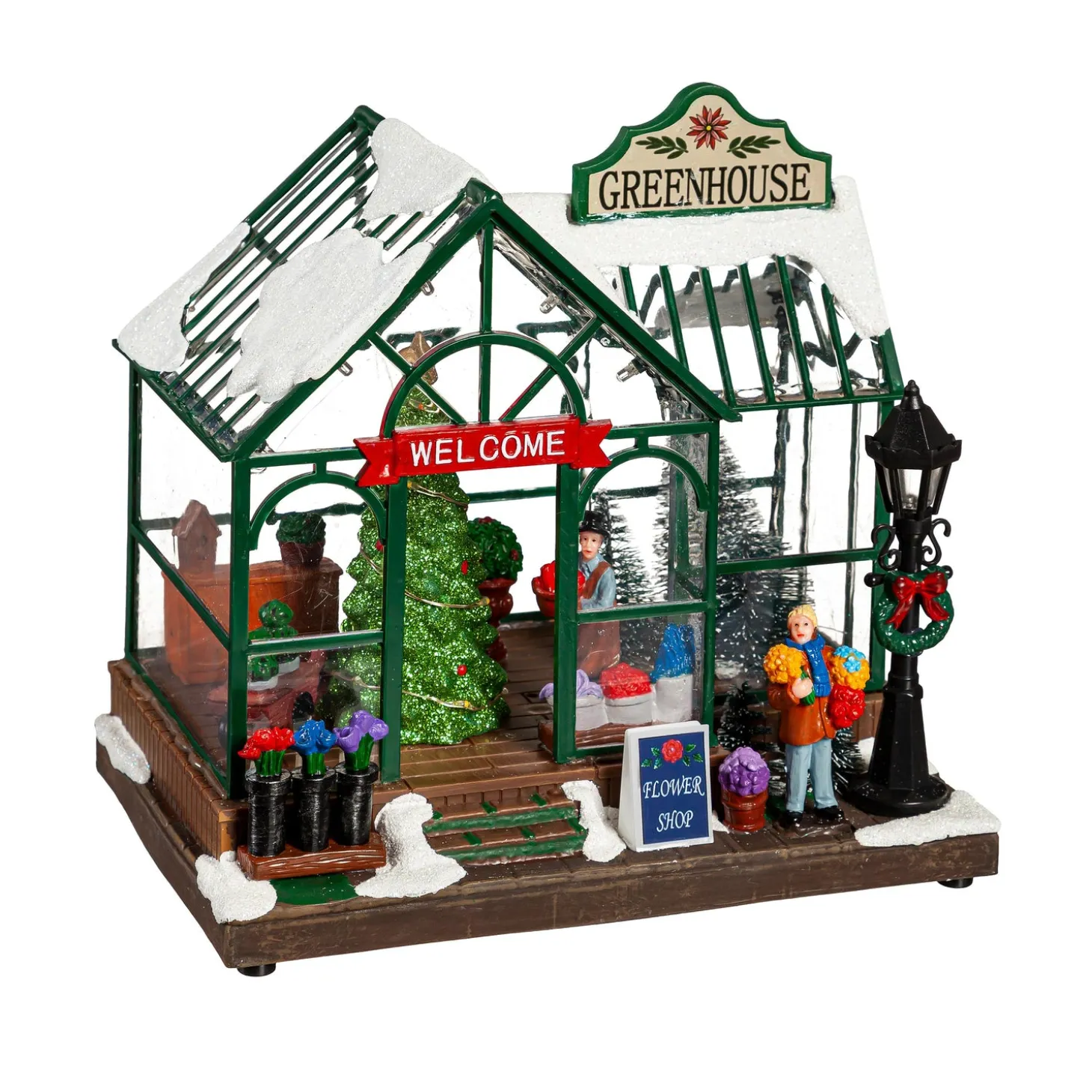 Decorative Accents>Plow & Hearth Holiday Poinsettia LED Table Decor Resin Greenhouse with Rotating Tree and Music, 8"