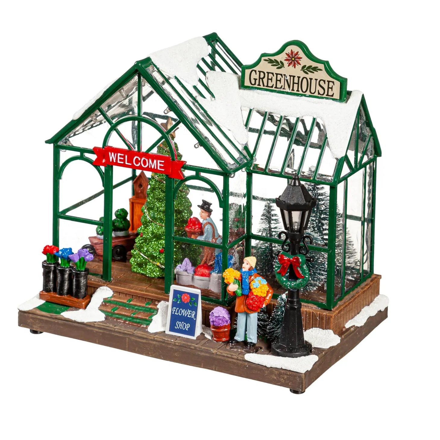 Decorative Accents>Plow & Hearth Holiday Poinsettia LED Table Decor Resin Greenhouse with Rotating Tree and Music, 8"