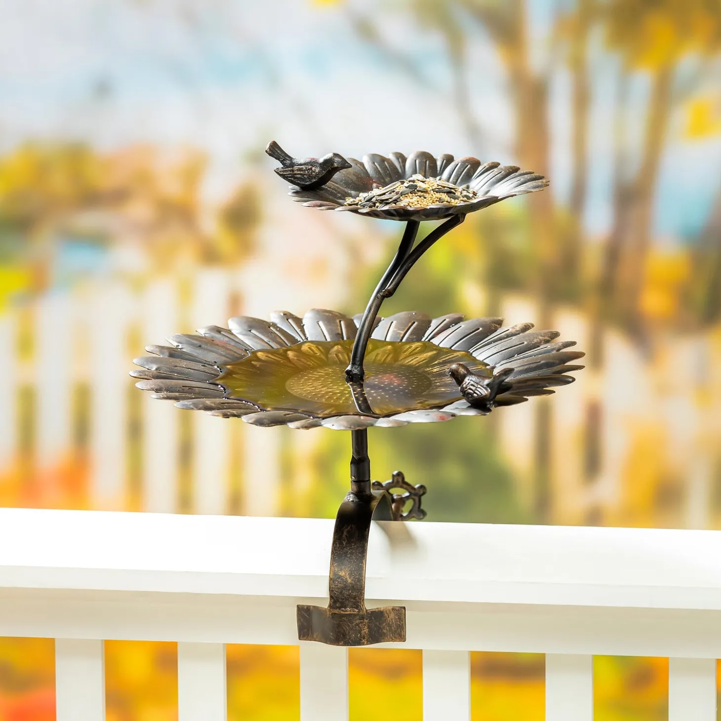 Birdbaths>Plow & Hearth 2-in-1 Sunflower Metal Birdbath and Feeder with Mounting Attachment and Stake, 48"H