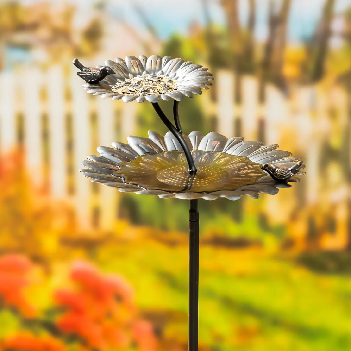Birdbaths>Plow & Hearth 2-in-1 Sunflower Metal Birdbath and Feeder with Mounting Attachment and Stake, 48"H