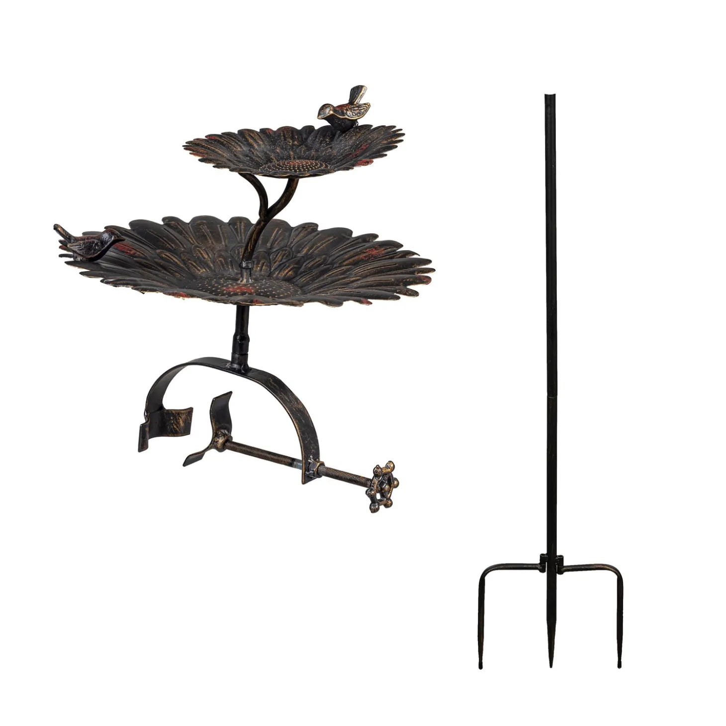 Birdbaths>Plow & Hearth 2-in-1 Sunflower Metal Birdbath and Feeder with Mounting Attachment and Stake, 48"H