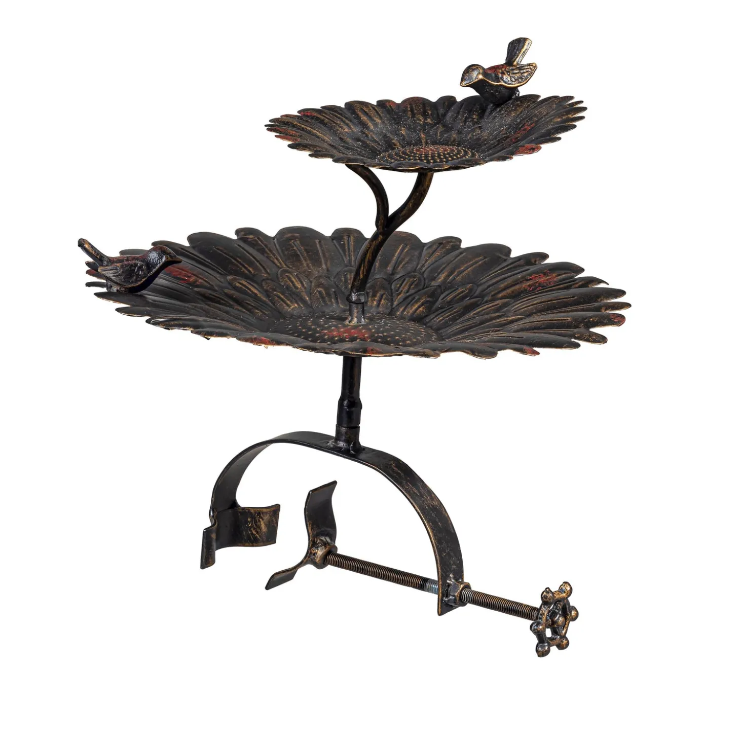 Birdbaths>Plow & Hearth 2-in-1 Sunflower Metal Birdbath and Feeder with Mounting Attachment and Stake, 48"H