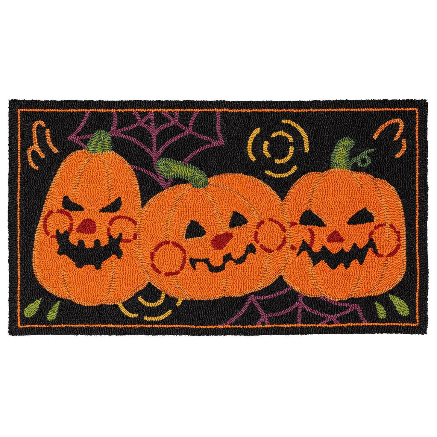 Hooked Rugs>Plow & Hearth Indoor/Outdoor Jack O'Lantern Pumpkin Hooked Polypropylene Accent Rug 24"x42"