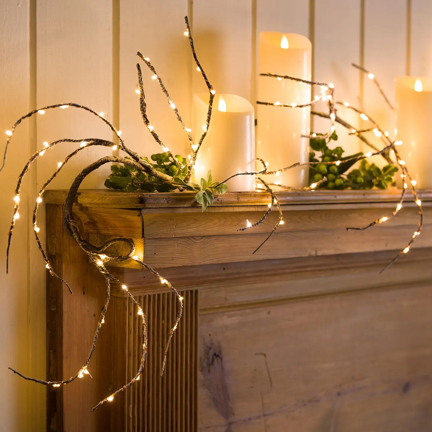 Faux Flowers & Plants | Lighted Trees & Garlands>Plow & Hearth Indoor/Outdoor Birch Garland with 165 Micro LED Lights, 5'L Brown