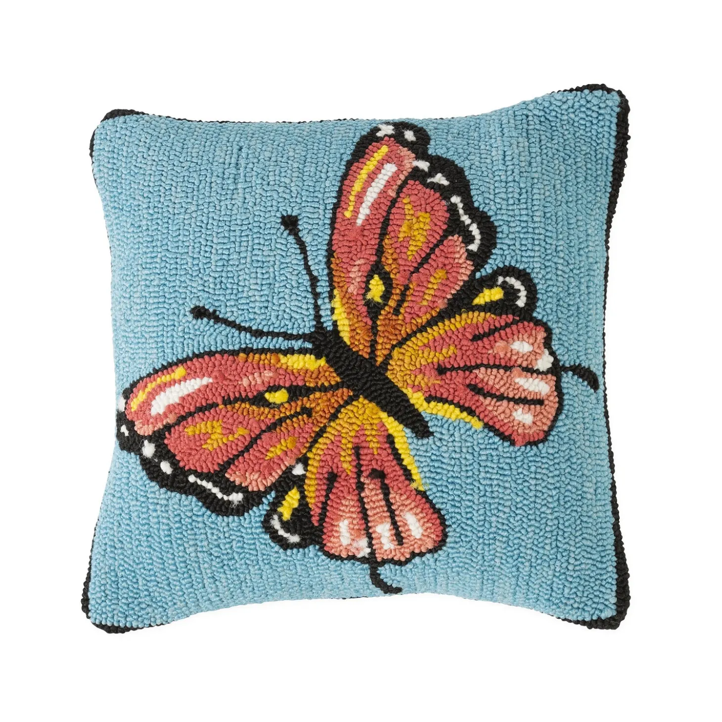 Decorative Pillows>Plow & Hearth Indoor/Outdoor Blue Butterfly Hand Hooked Polypropylene Throw Pillow