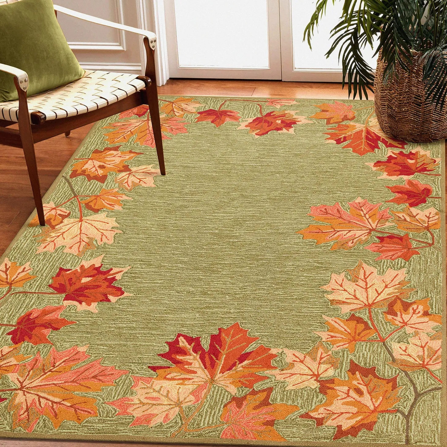 Area Rugs>Plow & Hearth Indoor/Outdoor Falling Leaves Border Rug, 5' x 7'6"