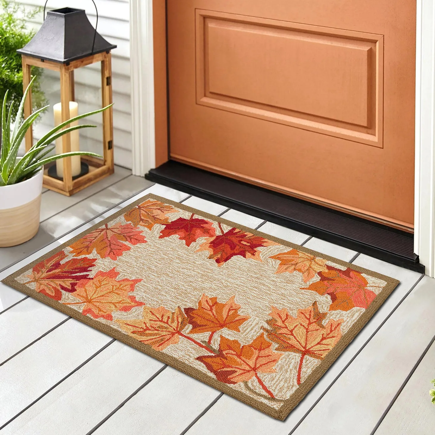 Area Rugs>Plow & Hearth Indoor/Outdoor Falling Leaves Border Rug, 5' x 7'6"
