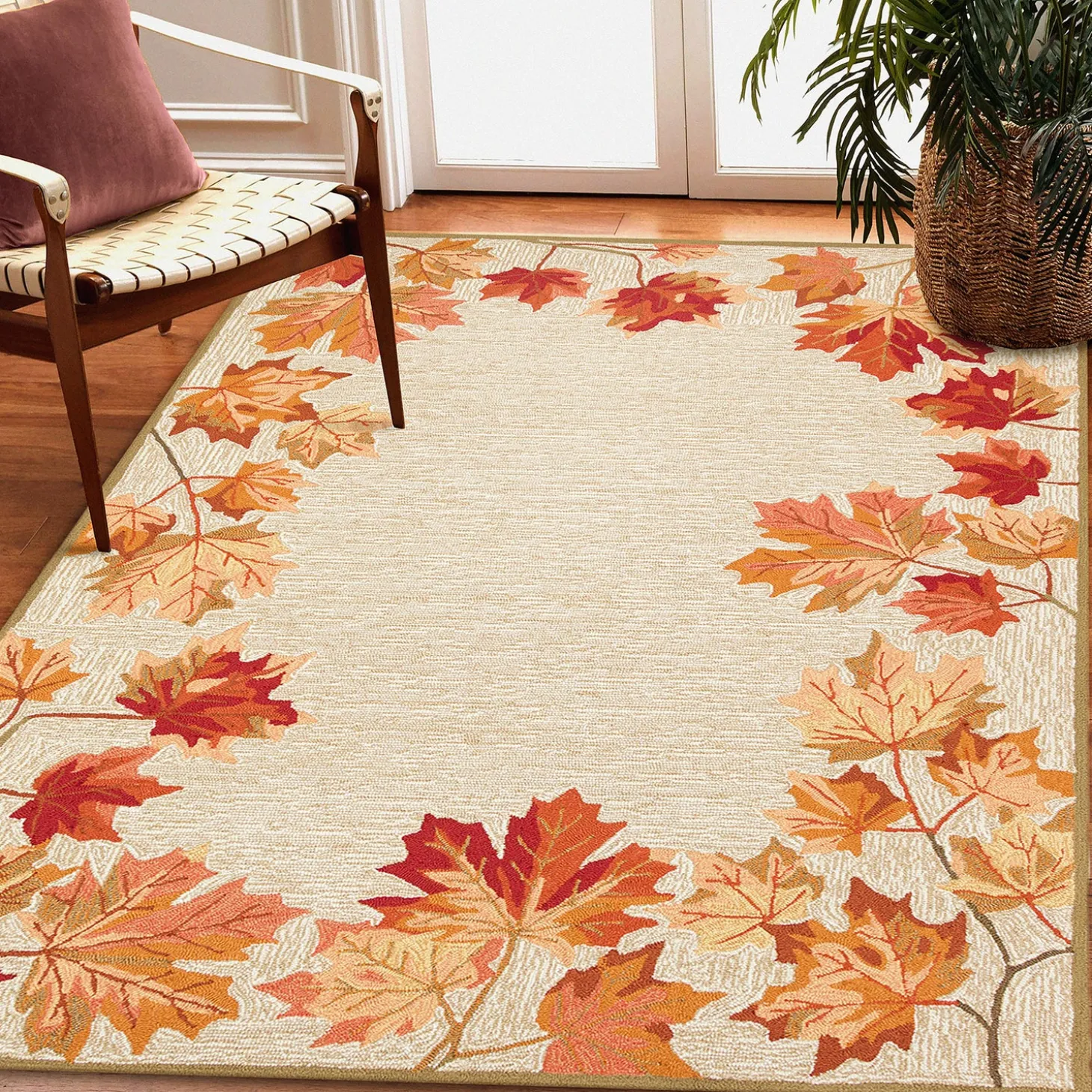 Area Rugs>Plow & Hearth Indoor/Outdoor Falling Leaves Border Rug, 3'6" x 5'6"