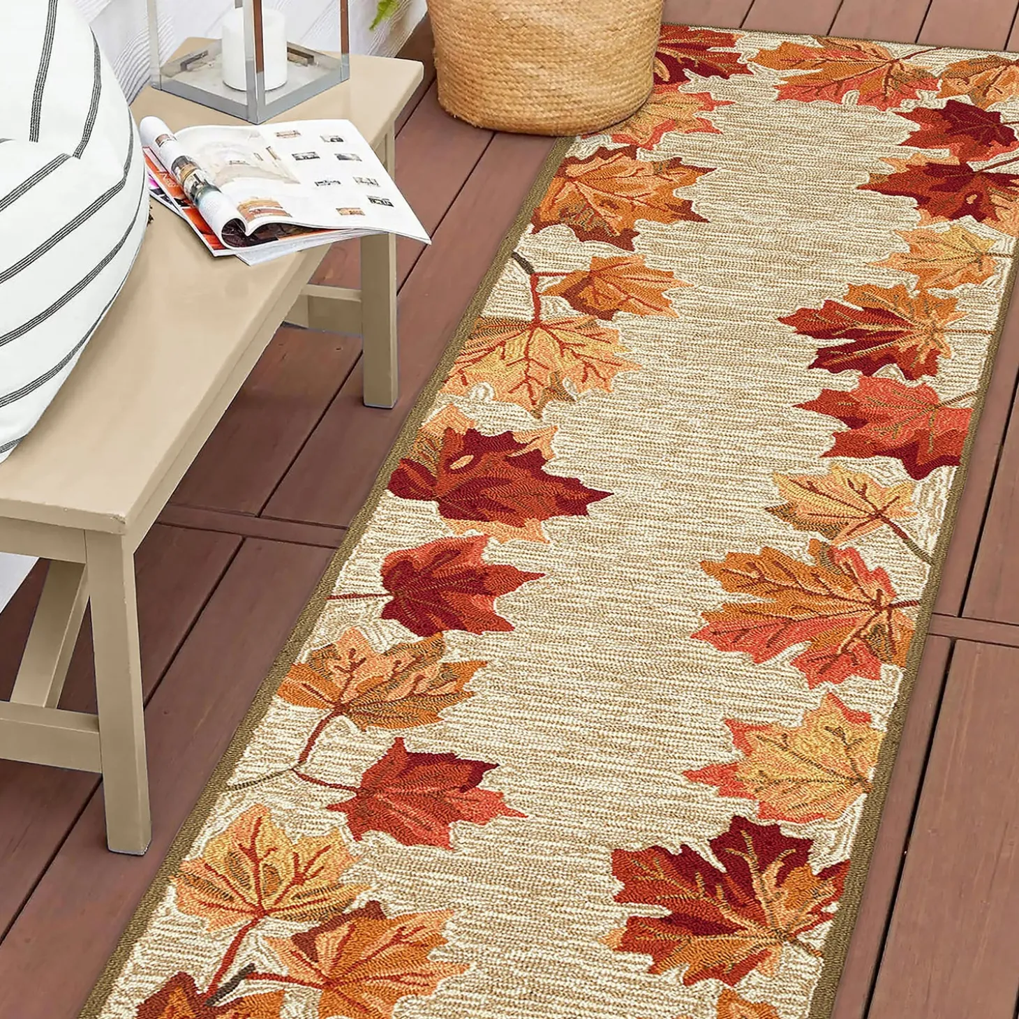 Area Rugs>Plow & Hearth Indoor/Outdoor Falling Leaves Border Rug, 3'6" x 5'6"
