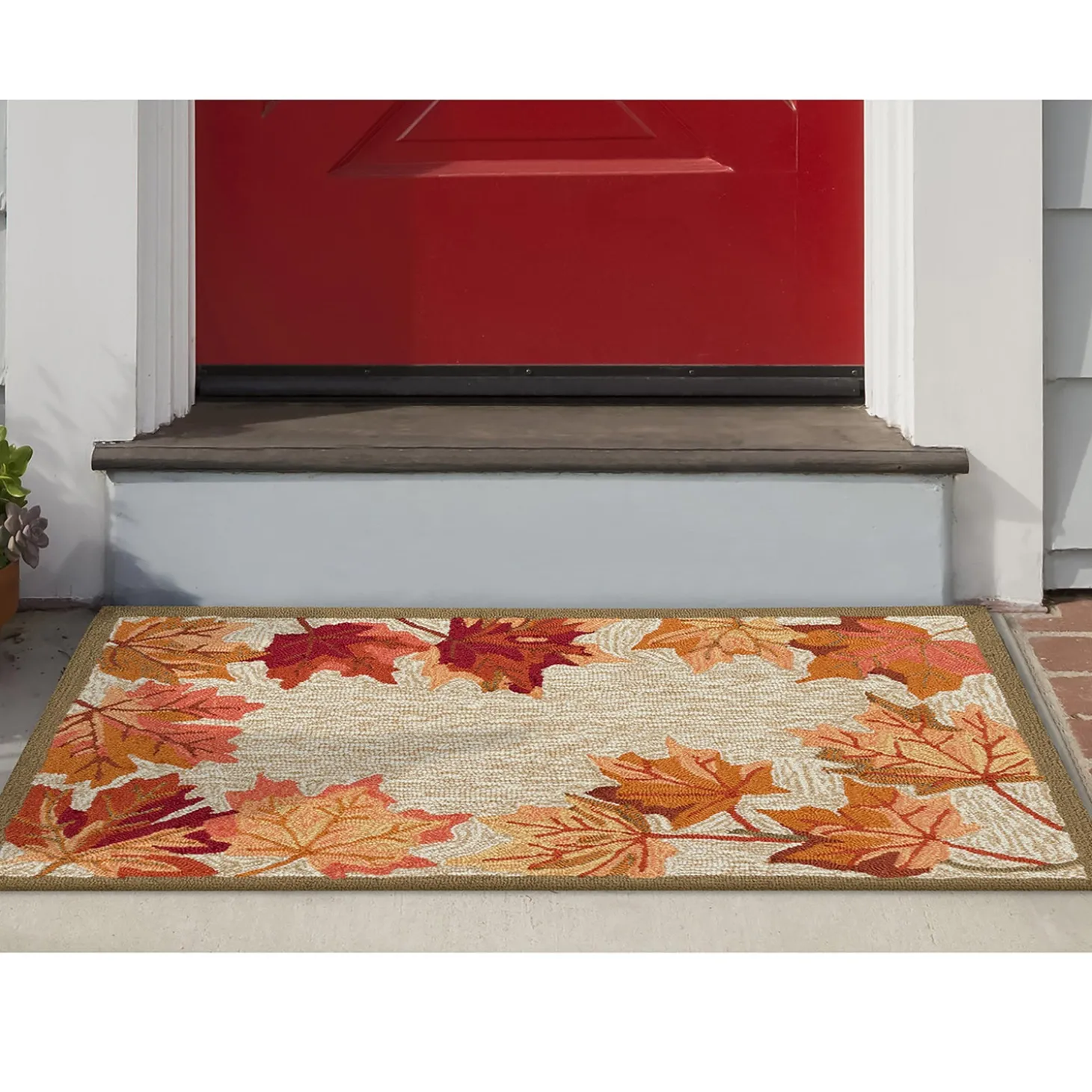 Area Rugs>Plow & Hearth Indoor/Outdoor Falling Leaves Border Rug, 3'6" x 5'6"
